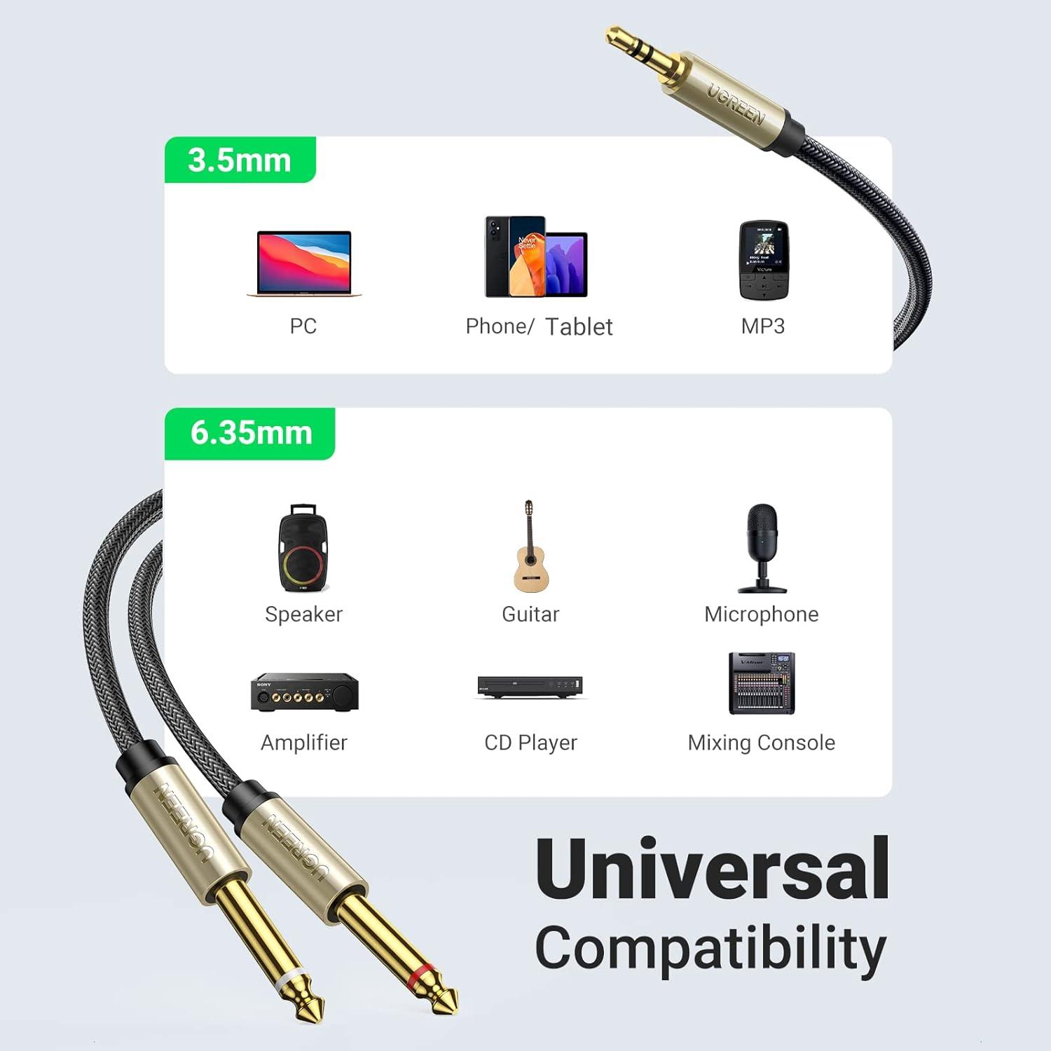 imageUGREEN 18 to 14 Stereo Cable 35mm TRS to Dual 635mm 14 TS Mono Y Splitter Audio Cord Adapter Compatible with iPhone PC Computer Sound Card Mixer Multimedia Speaker Home Stereo System 66FT66FT