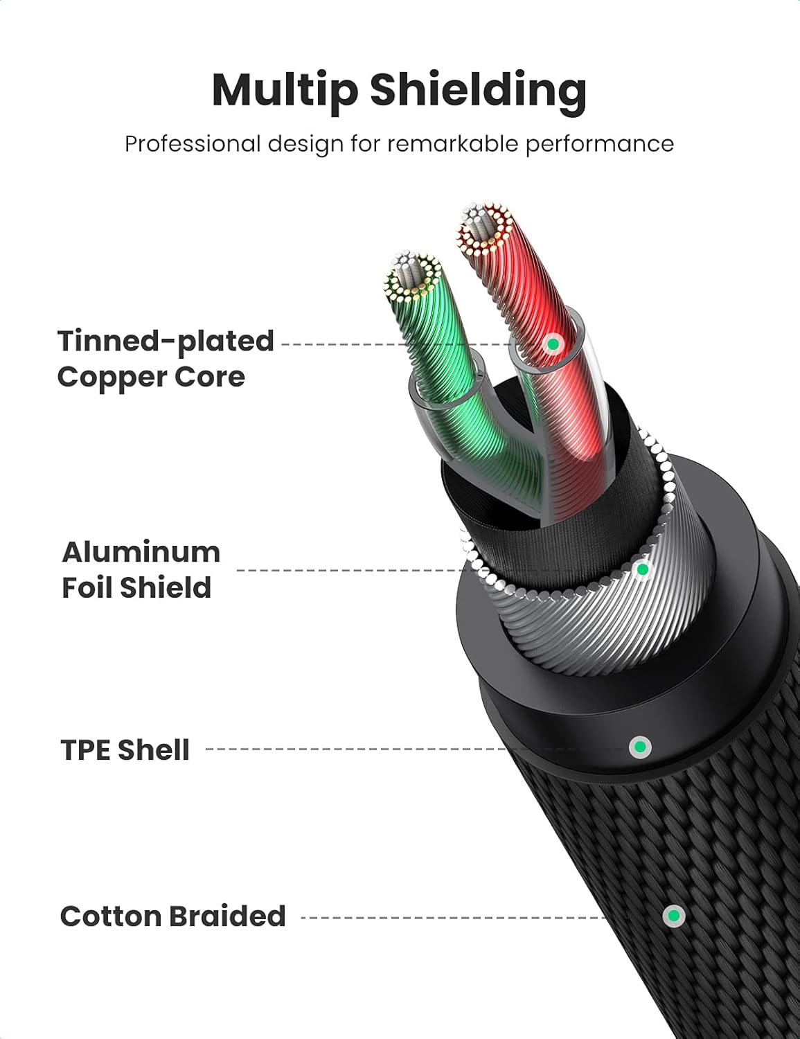 imageUGREEN 35mm Audio Cable HiFi Sound Stereo Nylon Braided Male to Male Aux Cord 90 Degree Aux Cable Gold Plated Compatible with iPod iPad Tablets Headphone Speakers Home Car Stereos 3FT