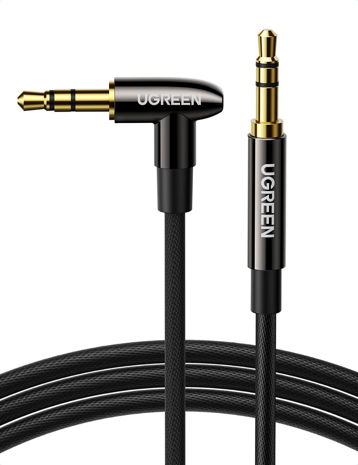 imageUGREEN 35mm Audio Cable HiFi Sound Stereo Nylon Braided Male to Male Aux Cord 90 Degree Aux Cable Gold Plated Compatible with iPod iPad Tablets Headphone Speakers Home Car Stereos 3FT