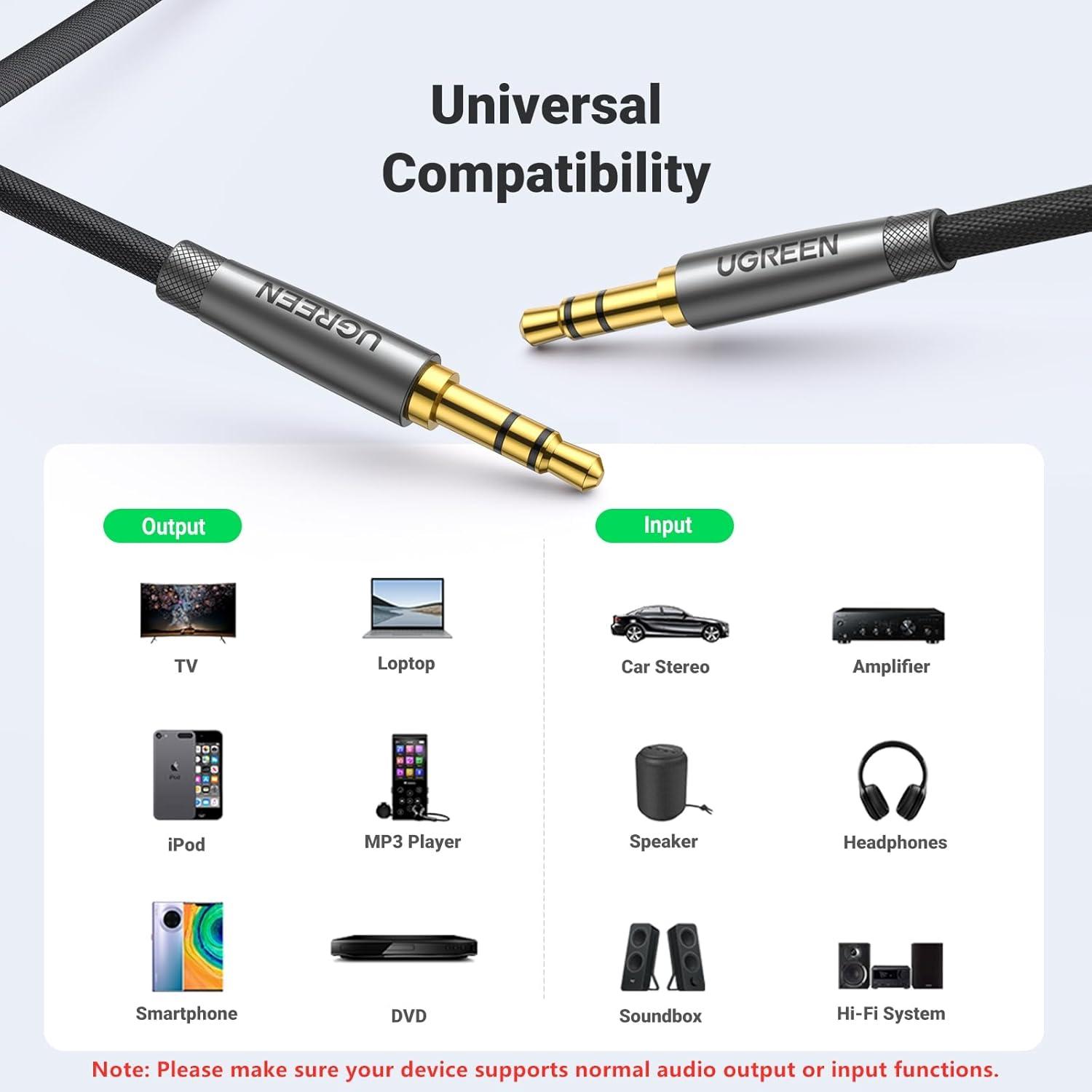imageUGREEN 35mm Audio Cable Nylon Braided Aux Cord Male to Male Stereo HiFi Sound for Headphones Car Home Stereos Speakers Tablets Compatible with iPhone iPad iPod Echo More 3FT15 feet