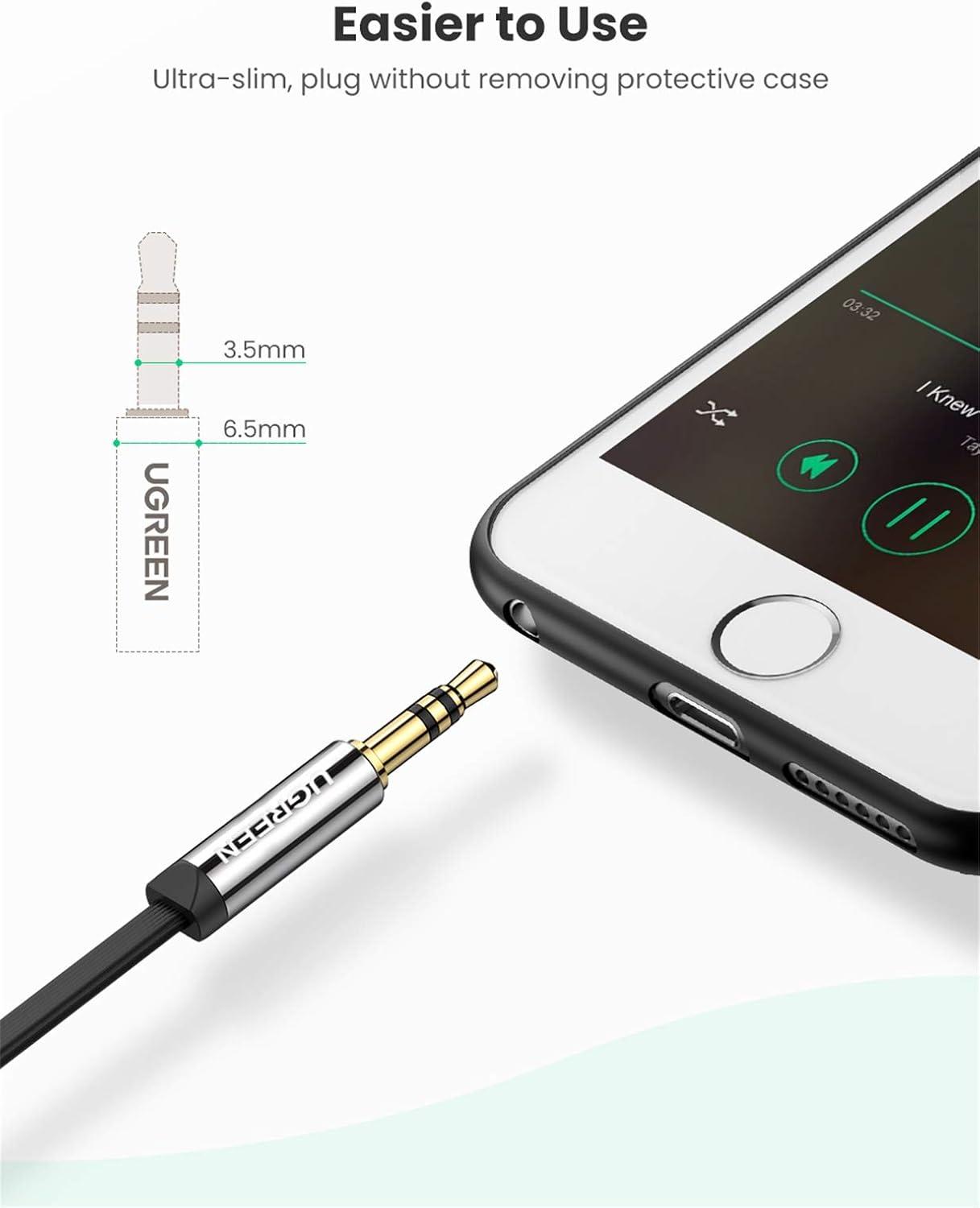 imageUGREEN 35mm Audio Cable Stereo Aux Cord 90 Degree Right Angle Compatible with Beats iPhone iPod iPad Tablets Speakers 24K Gold Plated Male to Male Black 6FT15FT