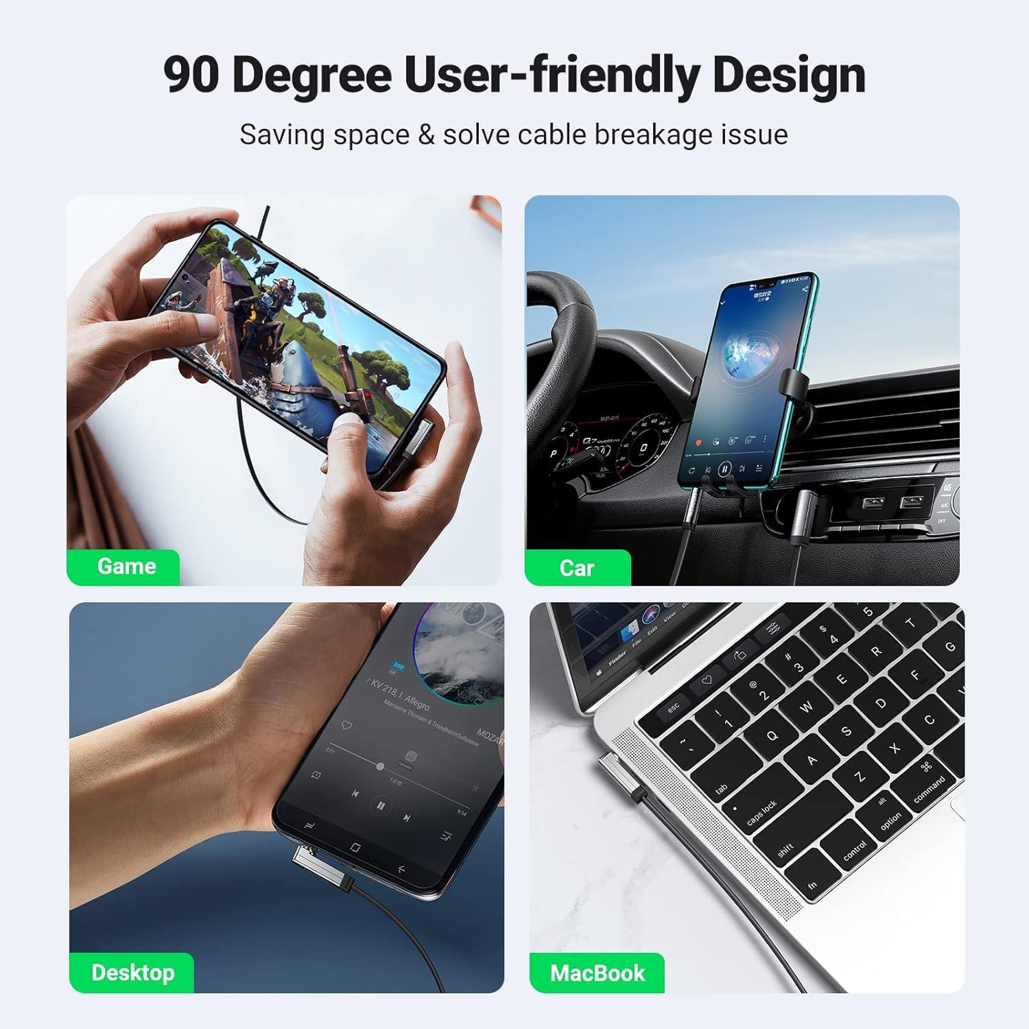 imageUGREEN 35mm Audio Cable Stereo Aux Cord 90 Degree Right Angle Compatible with Beats iPhone iPod iPad Tablets Speakers 24K Gold Plated Male to Male Black 6FT15FT