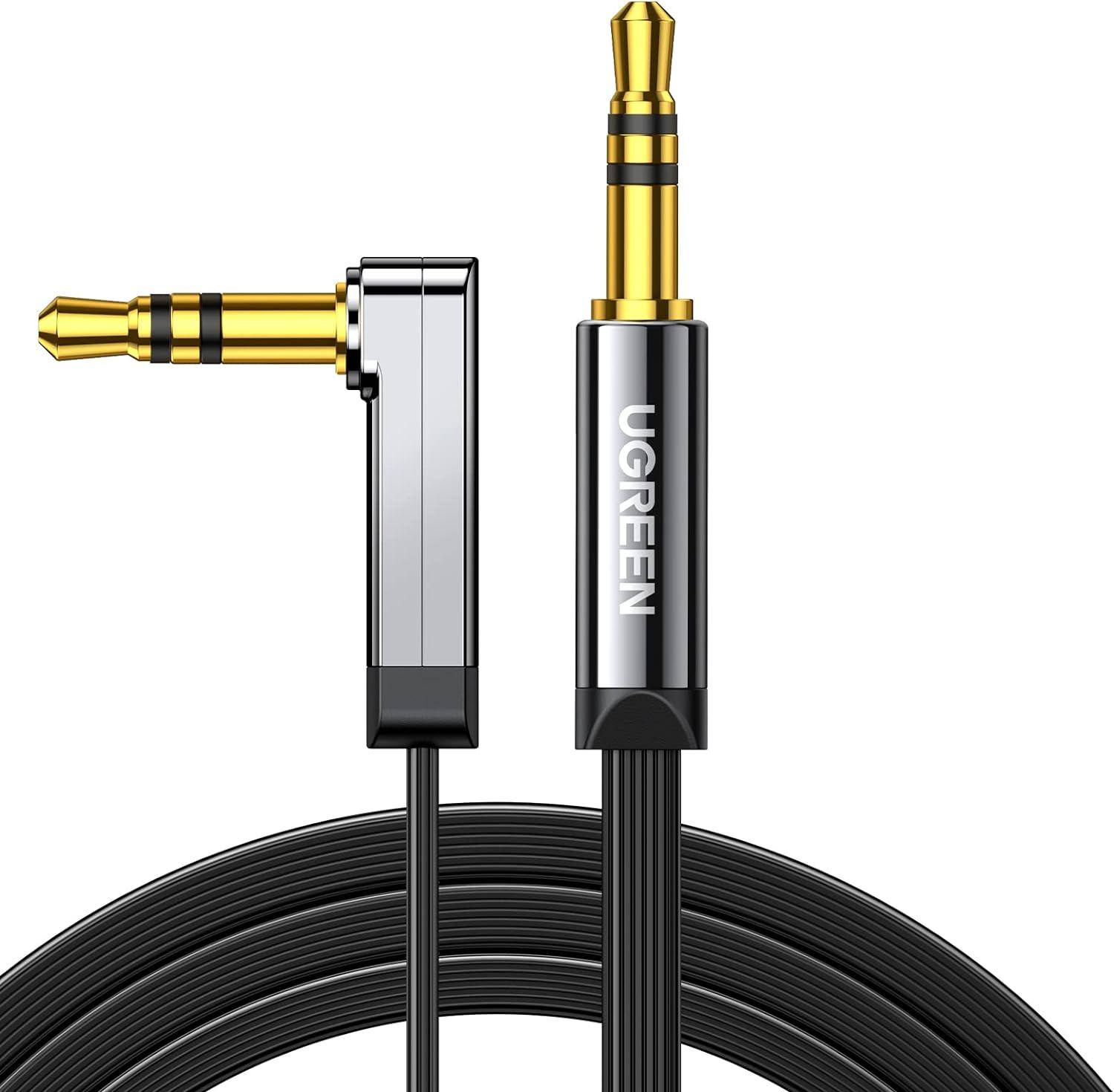 imageUGREEN 35mm Audio Cable Stereo Aux Cord 90 Degree Right Angle Compatible with Beats iPhone iPod iPad Tablets Speakers 24K Gold Plated Male to Male Black 6FT3FT