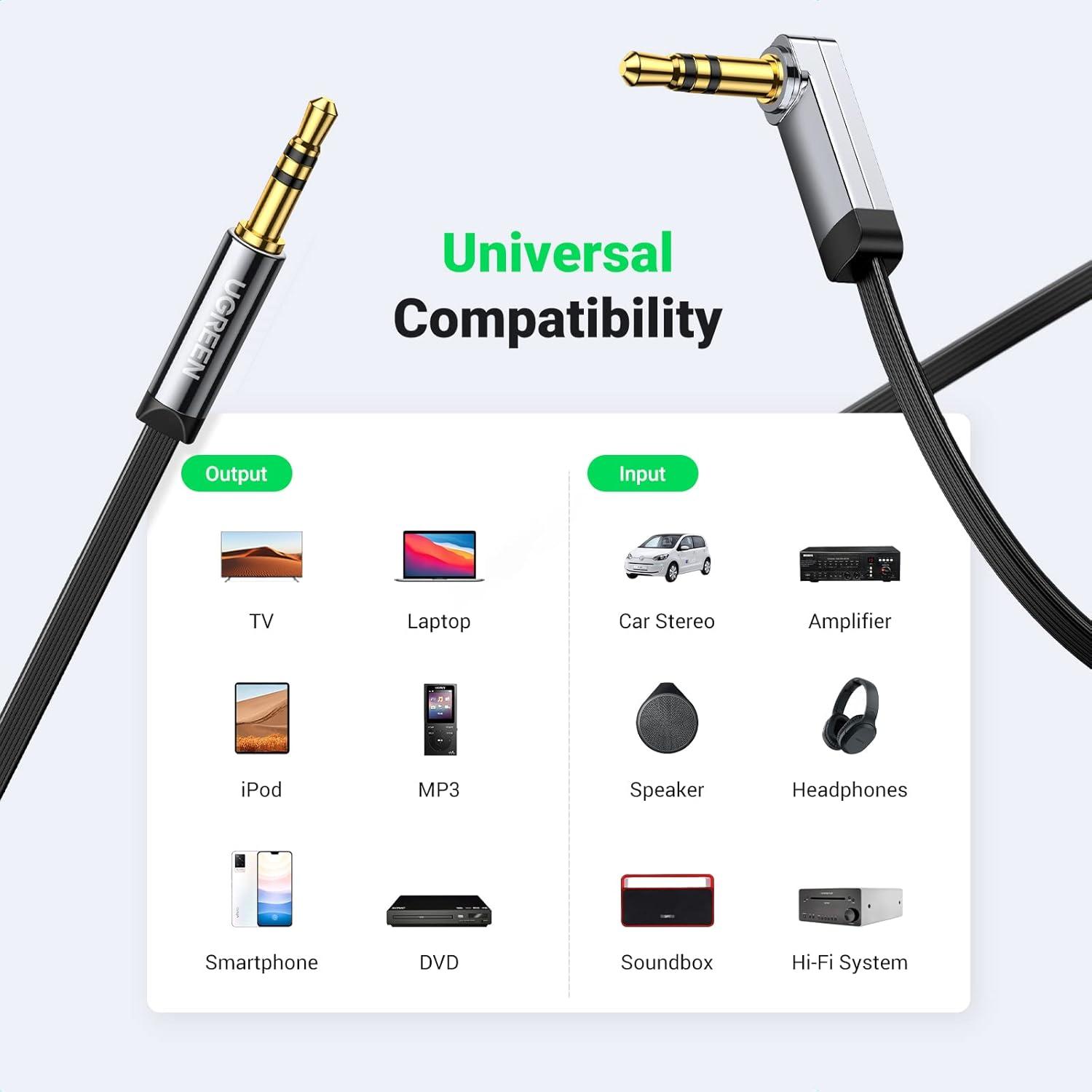 imageUGREEN 35mm Audio Cable Stereo Aux Cord 90 Degree Right Angle Compatible with Beats iPhone iPod iPad Tablets Speakers 24K Gold Plated Male to Male Black 6FT10FT