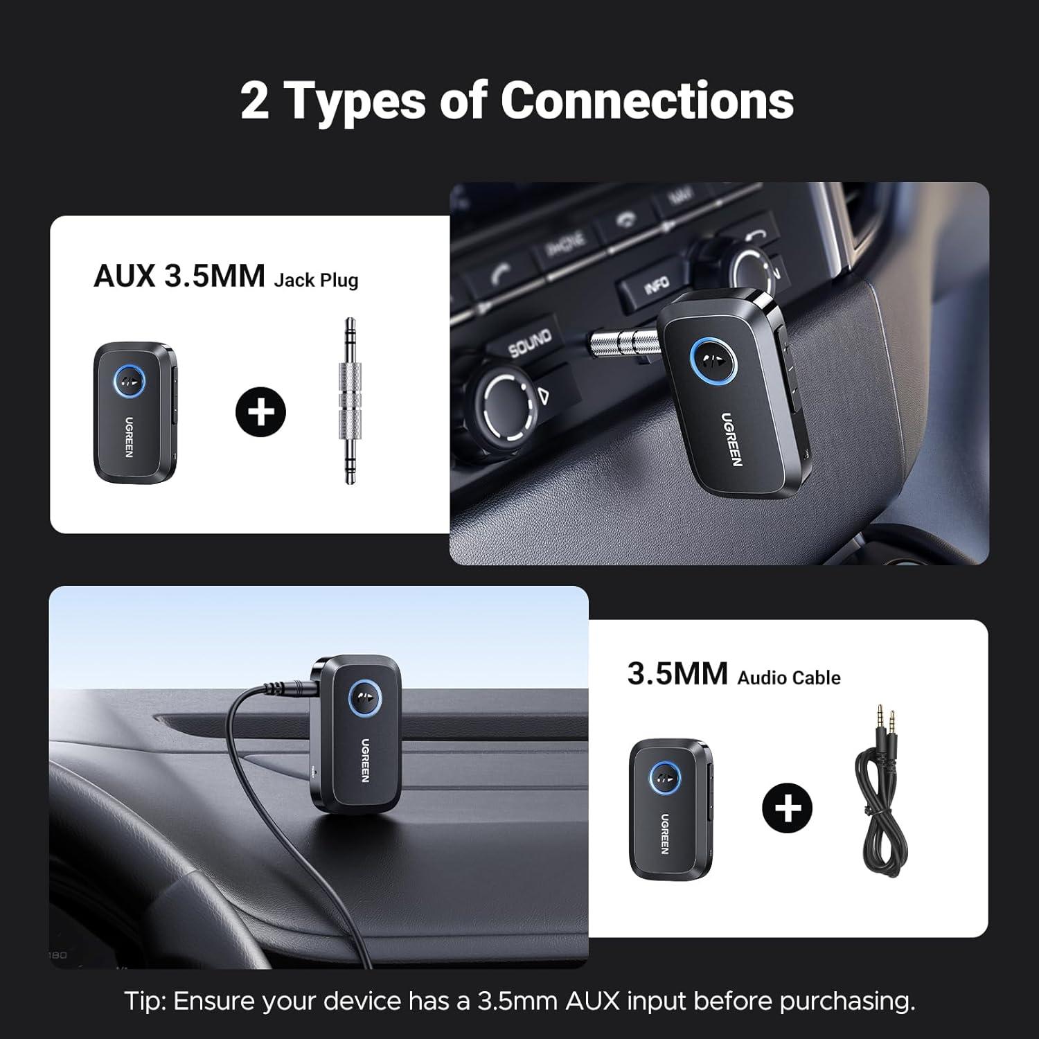 imageUGREEN 54 Aux Bluetooth Adapter Noise Cancelling 35mm AUX Bluetooth Car Adapter Wireless Audio Receiver for Home StereoWired Speaker 15H Battery LifeBlack