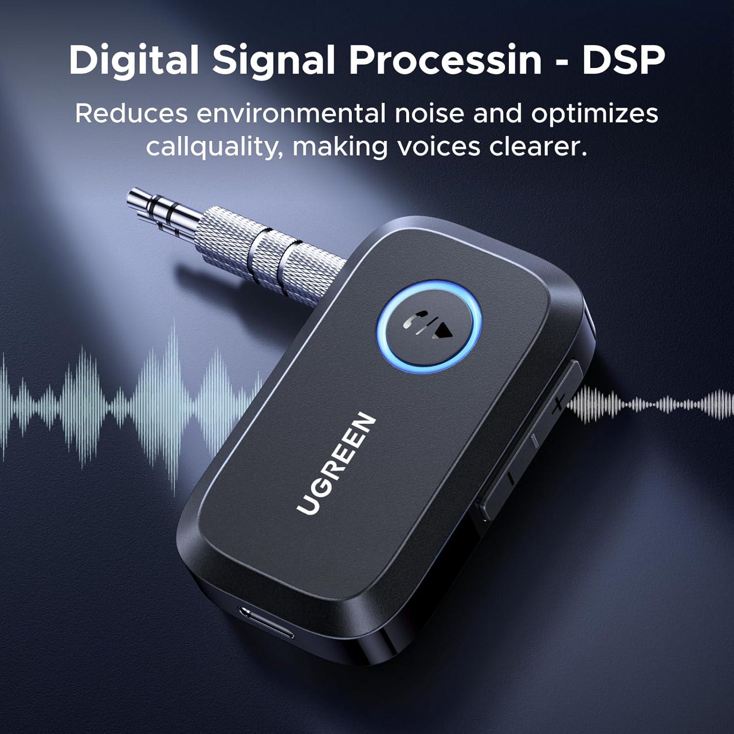 imageUGREEN 54 Aux Bluetooth Adapter Noise Cancelling 35mm AUX Bluetooth Car Adapter Wireless Audio Receiver for Home StereoWired Speaker 15H Battery LifeBlack