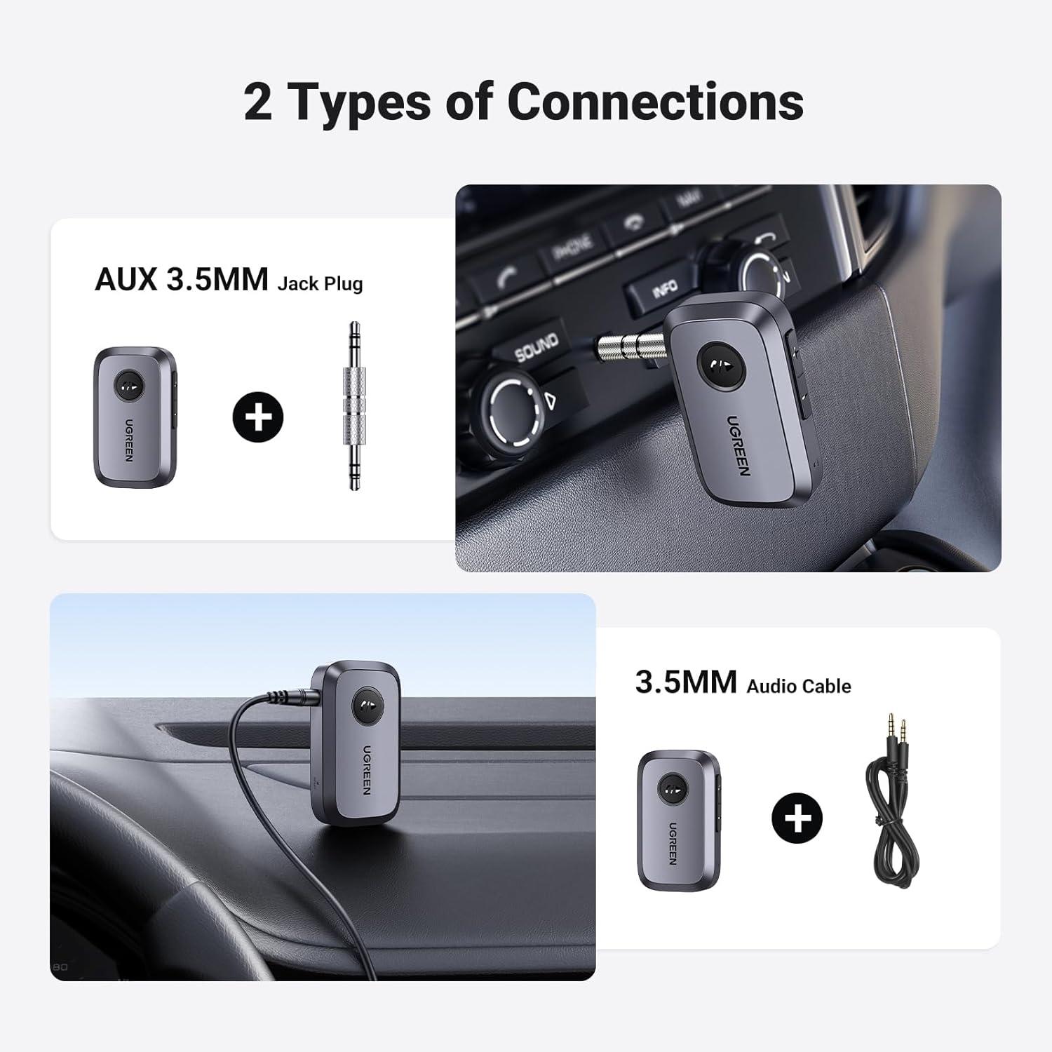 imageUGREEN 54 Aux Bluetooth Adapter Noise Cancelling 35mm AUX Bluetooth Car Adapter Wireless Audio Receiver for Home StereoWired Speaker 15H Battery LifeGrey