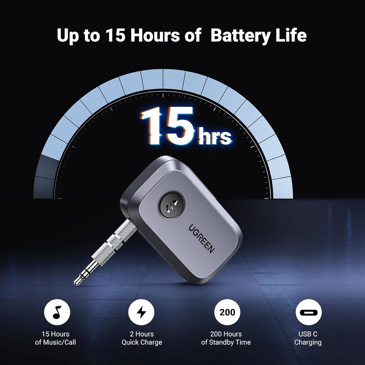 imageUGREEN 54 Aux Bluetooth Adapter Noise Cancelling 35mm AUX Bluetooth Car Adapter Wireless Audio Receiver for Home StereoWired Speaker 15H Battery LifeGrey