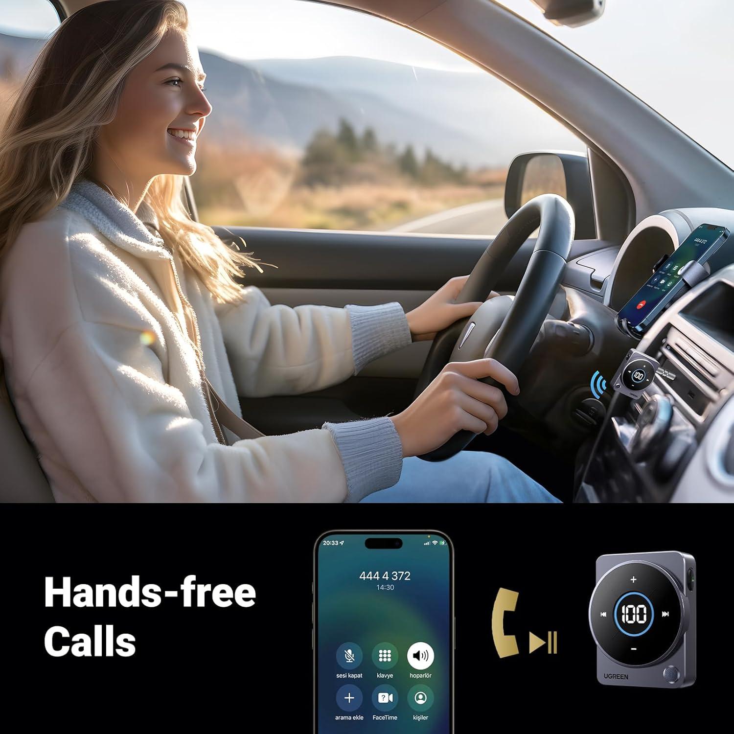 imageUGREEN 54 Bluetooth Car Adapter Noise Cancellation Aux Bluetooth Receiver for Car 35mm Wireless Audio Receiver for MusicHandsFree CallHome StereoWired Speaker 20H Battery Life