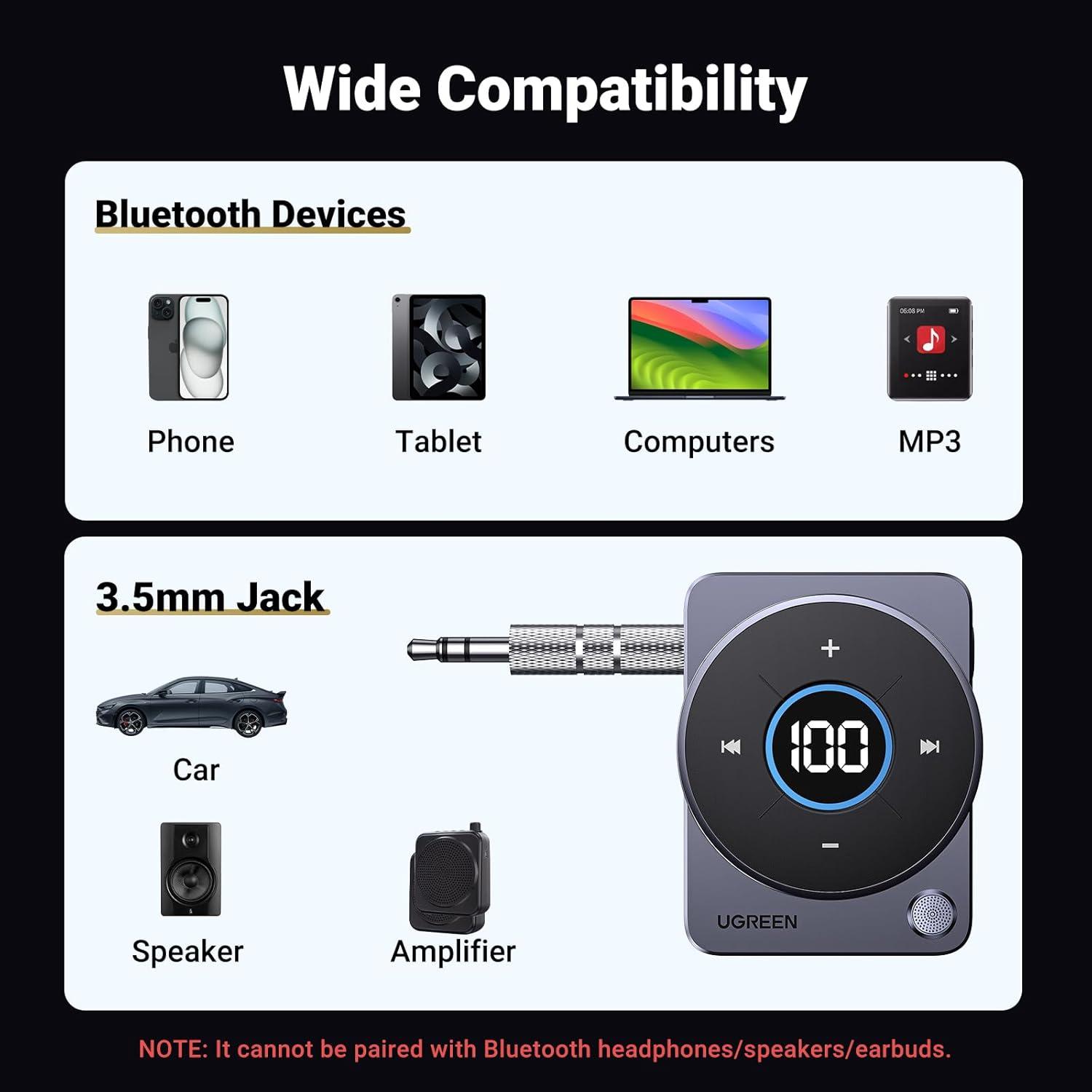 imageUGREEN 54 Bluetooth Car Adapter Noise Cancellation Aux Bluetooth Receiver for Car 35mm Wireless Audio Receiver for MusicHandsFree CallHome StereoWired Speaker 20H Battery Life