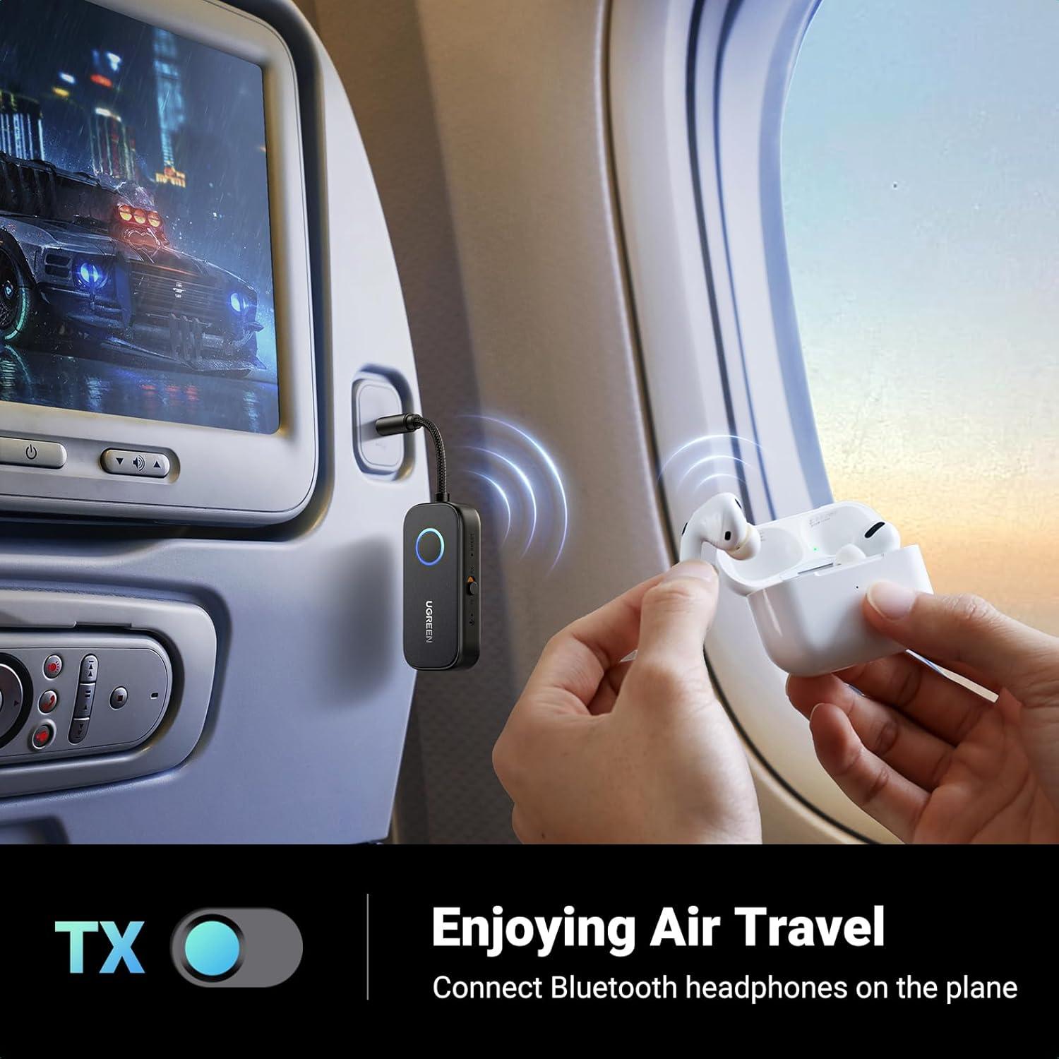 imageUGREEN Airplane Bluetooth 52 Transmitter Adapter for Airpods or Headphones Dual Pairs 2in1 Wireless Bluetooth 35mm Aux Audio TransmitterReceiver for Flight TV Car Stereo Treadmill MP3 Player