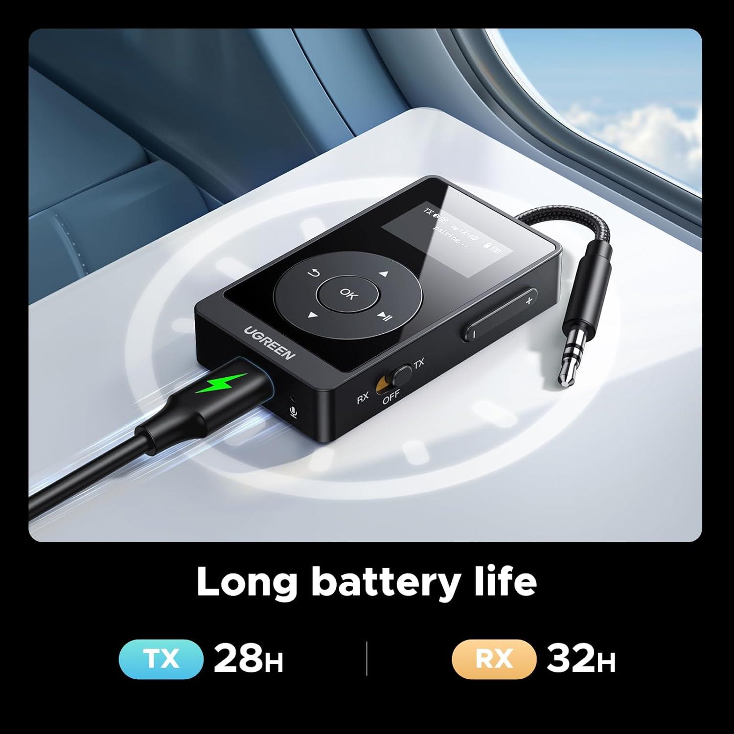 imageUGREEN Airplane Bluetooth 53 Transmitter Receiver for 2 Airpods AptX AdaptiveHD Audio 35m Aux Bluetooth Adapter for Airplane TV Wireless Headphones Travel Essentials for Flying