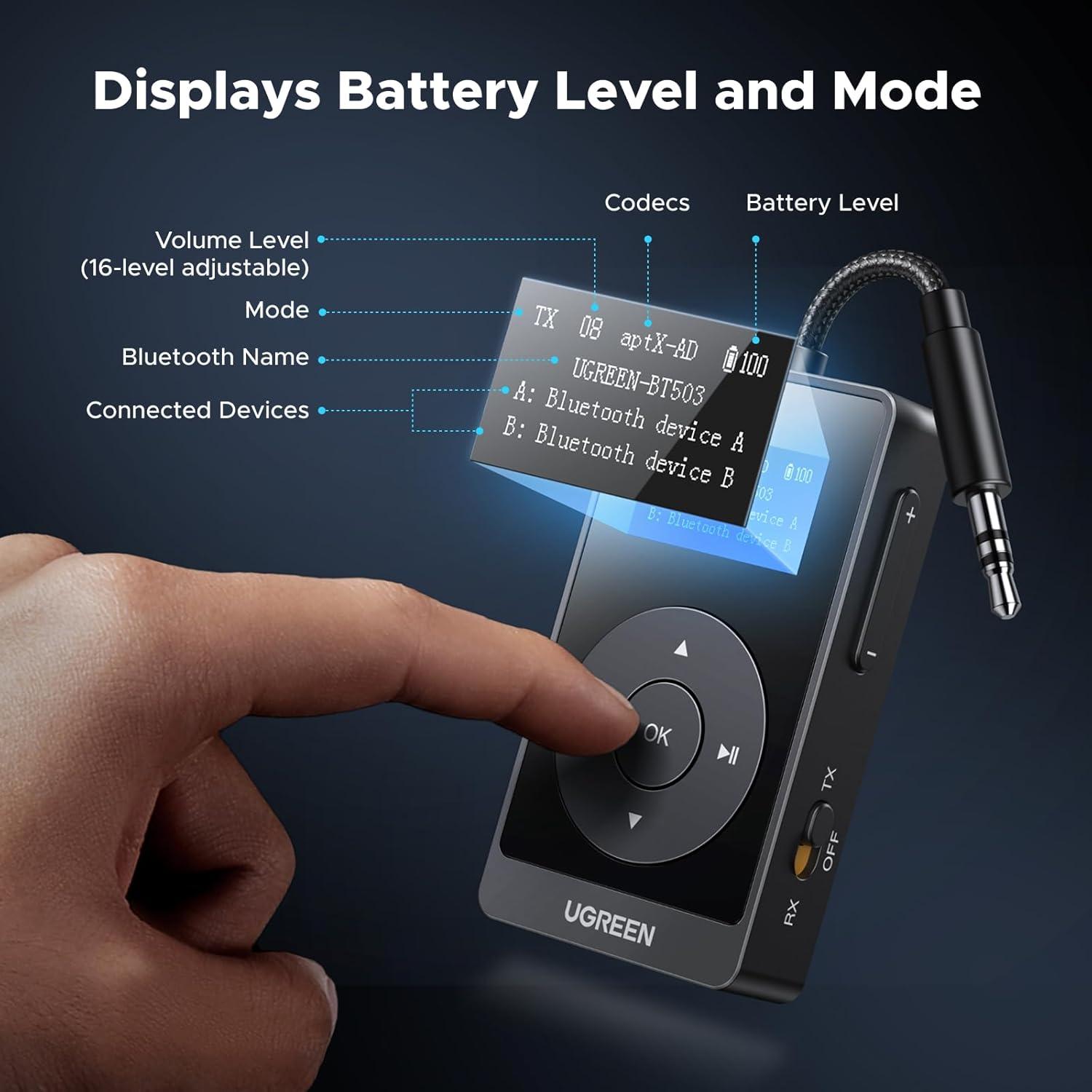 imageUGREEN Airplane Bluetooth 53 Transmitter Receiver for 2 Airpods AptX AdaptiveHD Audio 35m Aux Bluetooth Adapter for Airplane TV Wireless Headphones Travel Essentials for Flying