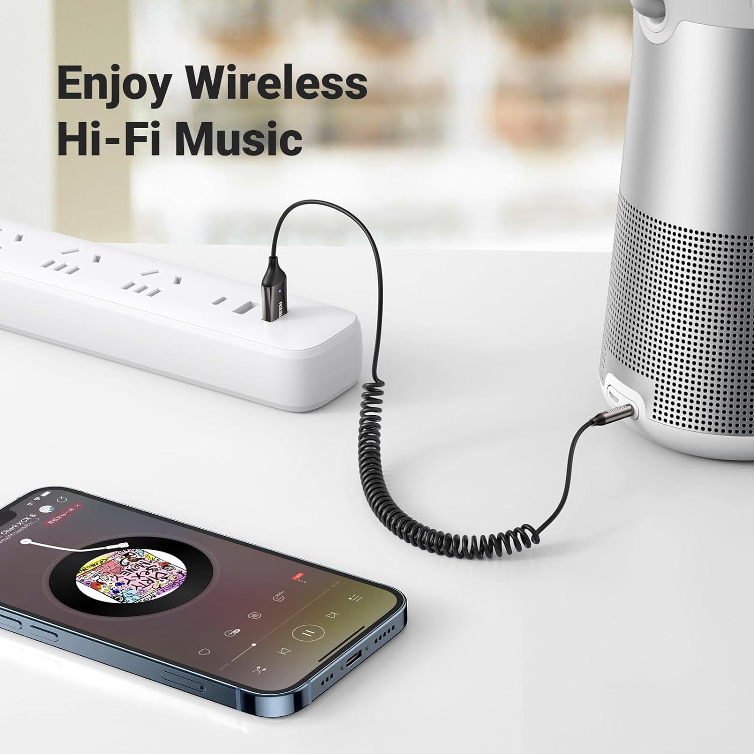 imageUGREEN Aux to Bluetooth 60 Adapter 35mm Bluetooth Receiver for Car USB 20 to 35mm Jack Kit with Builtin Microphone Aux Input for HandsFree Calls Compatible with Car Speaker and Home AudioDark Grey