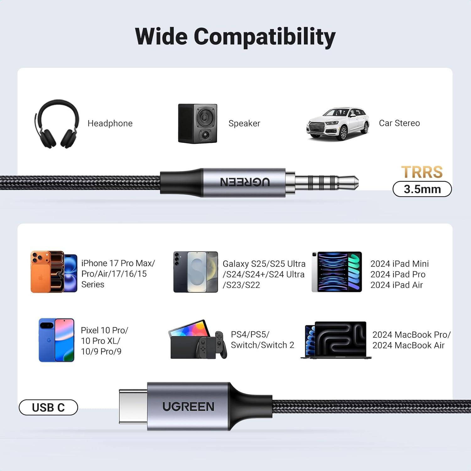 imageUGREEN Aux to USB C Aux Cord for Car Type C to 35mm Audio Jack Cable 33FT TRRS Headphone Stereo Adapter Mic HiFi Compatible with iPhone 17 16 15 Pro Max16 15 Plus Galaxy S25 Ultra Pixel 10 iPad33FT