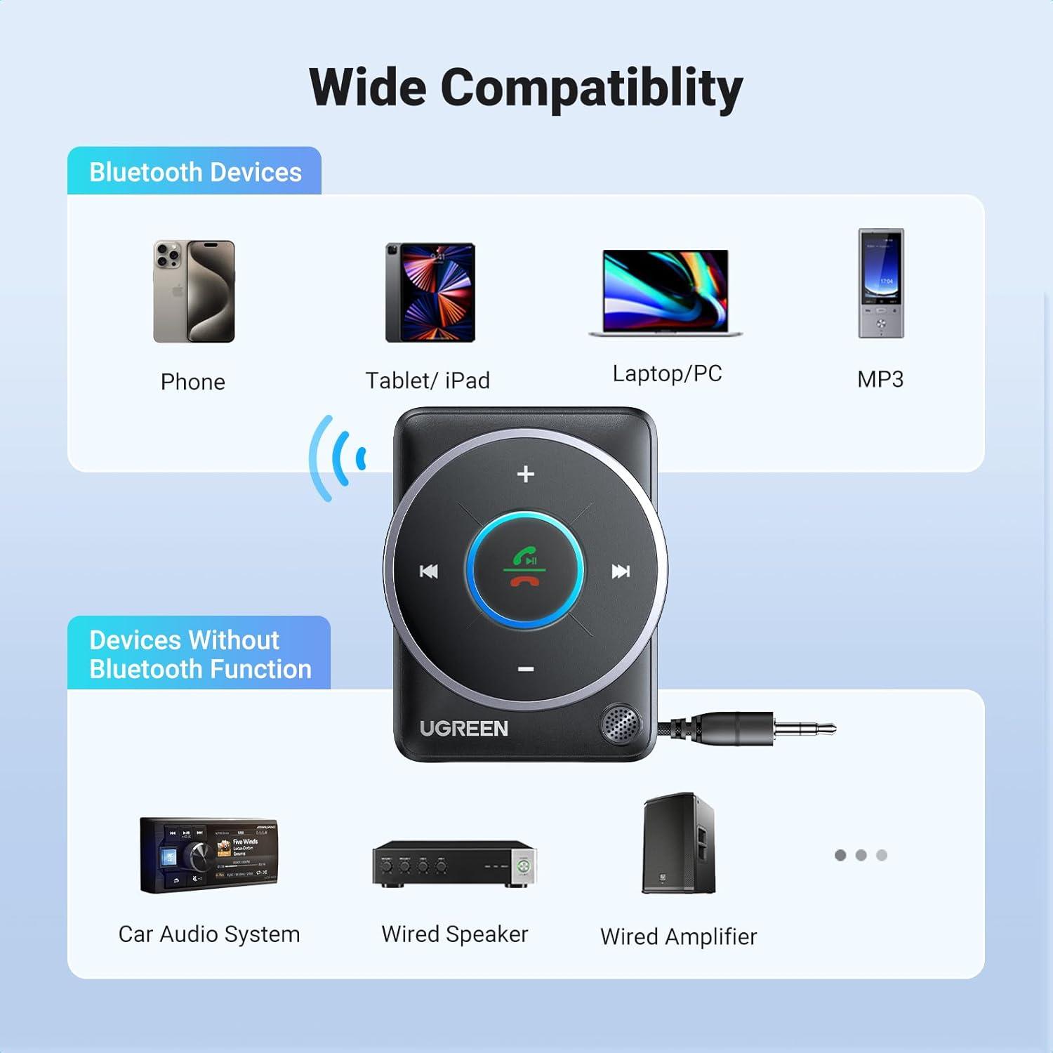 imageUGREEN Bluetooth 54 Aux Car Adapter Enhanced Connection amp Noise Cancellation Bluetooth Aux Receiver with Nylon Braided Cable Plug amp Play for Car MusicHandsFree CallsStereo Audio