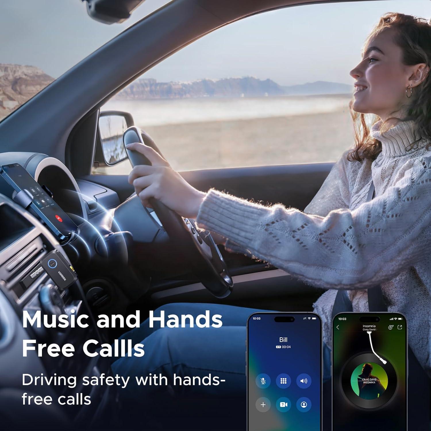 imageUGREEN Bluetooth 60 Receiver for Car with LDAC AI Noise Cancelling 35mm AUX Bluetooth Car Adapter HiRes Wireless Audio Receiver for Home StereoWired Speaker with HandsFree Call15H Battery Life