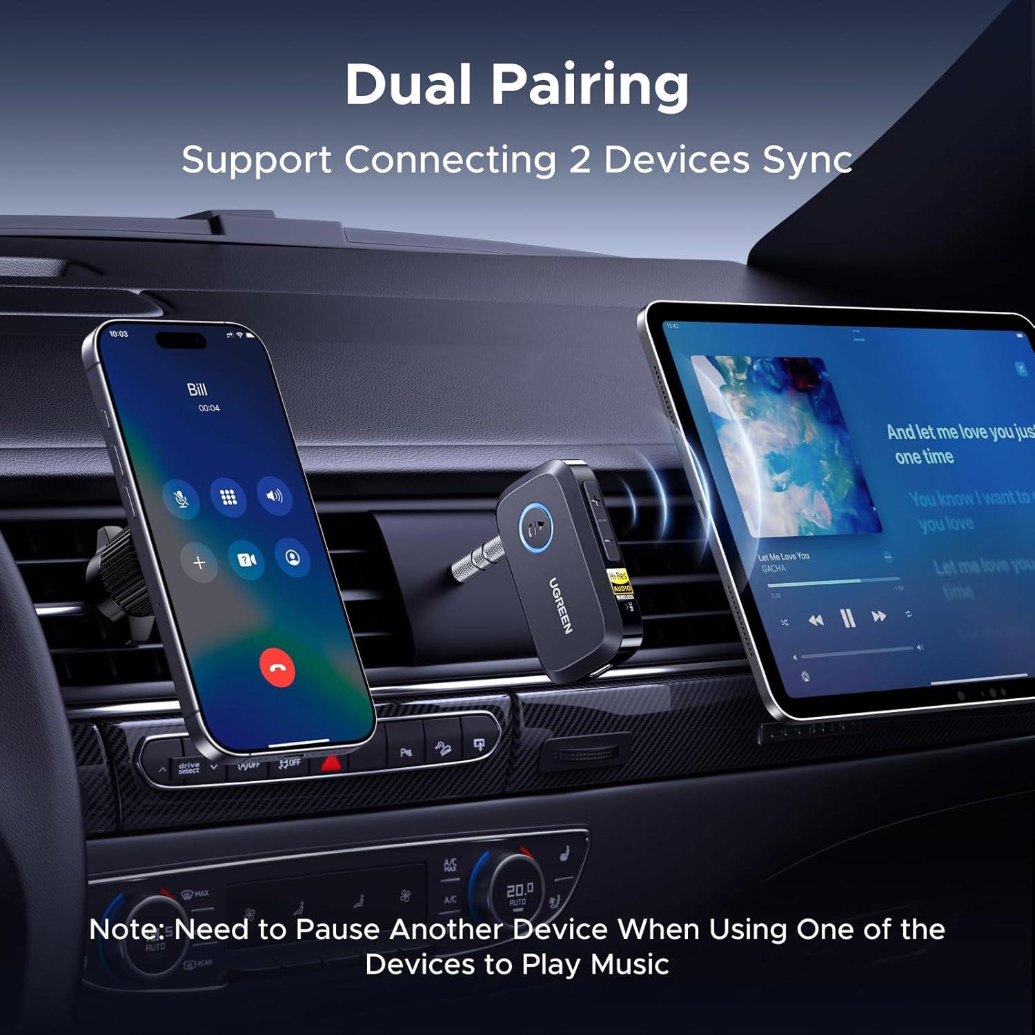 imageUGREEN Bluetooth 60 Receiver for Car with LDAC AI Noise Cancelling 35mm AUX Bluetooth Car Adapter HiRes Wireless Audio Receiver for Home StereoWired Speaker with HandsFree Call15H Battery Life