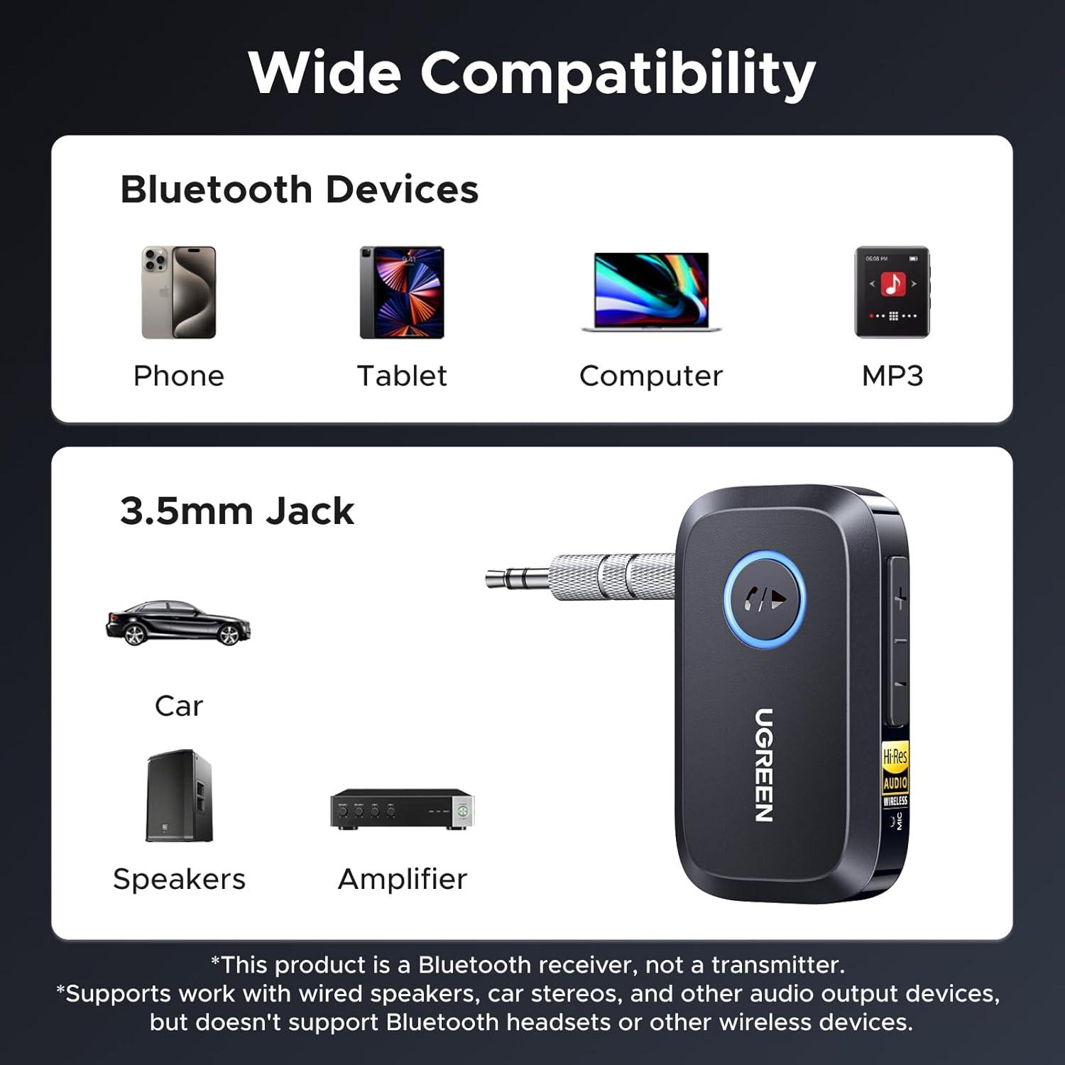 imageUGREEN Bluetooth 60 Receiver for Car with LDAC AI Noise Cancelling 35mm AUX Bluetooth Car Adapter HiRes Wireless Audio Receiver for Home StereoWired Speaker with HandsFree Call15H Battery Life