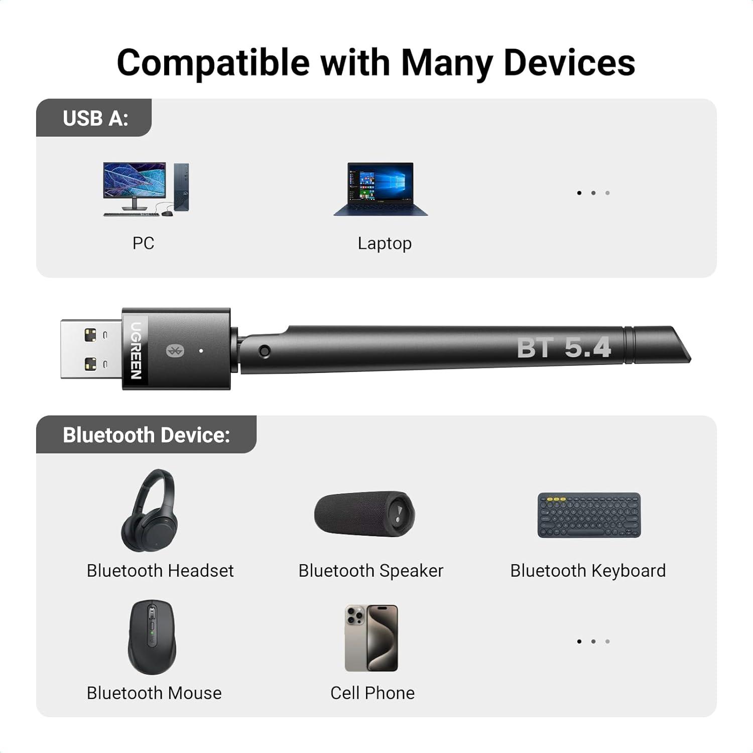 imageUGREEN Bluetooth Adapter for PC Bluetooth 54 Long Range Dongle Receiver EDR amp BLE Plug amp Play for Windows 111081 for HeadphoneKeyboardMouseSpeakersPrinter