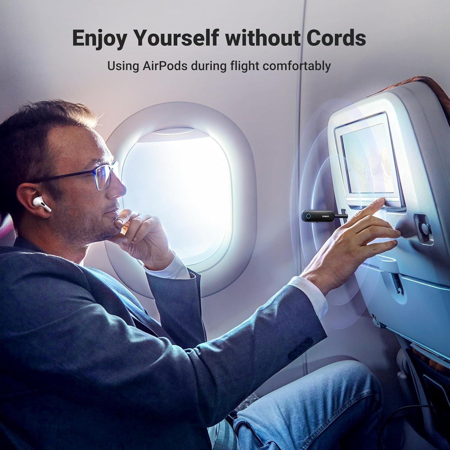 imageUGREEN Bluetooth Transmitter Receiver for 2 AirPods or BT Devices Bluetooth Wireless Transmitter for Headphones 35mm Aux Audio Jack Adapter for inFlight TV Car Home Stereo System