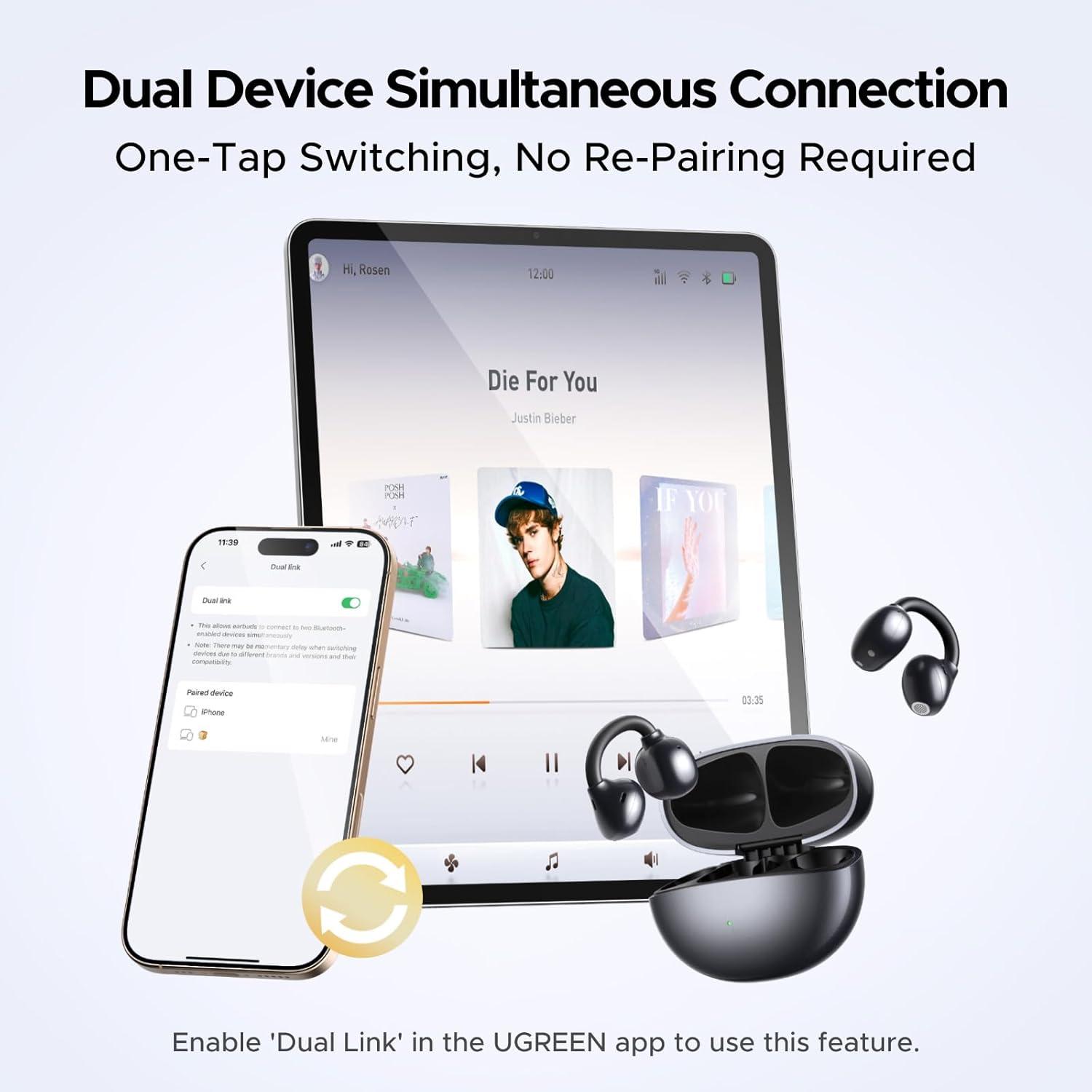 imageUGREEN ClipBuds OpenEar Wireless Headphones Bluetooth 60 with 4 Mic Clear Call 12mm Diaphragm Earbuds Clip on Earphones 30H Playtime AppampTouch Control Lightweight IPX5 for Fitness iOSampAndroid