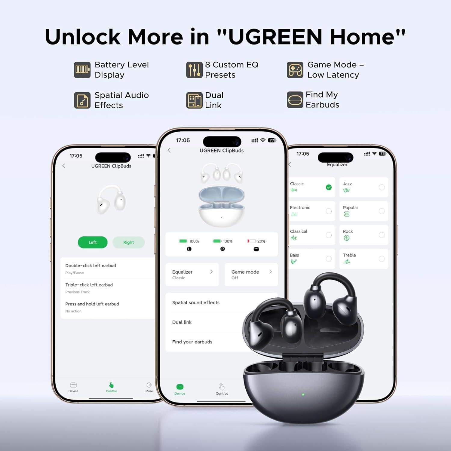 imageUGREEN ClipBuds OpenEar Wireless Headphones Bluetooth 60 with 4 Mic Clear Call 12mm Diaphragm Earbuds Clip on Earphones 30H Playtime AppampTouch Control Lightweight IPX5 for Fitness iOSampAndroid