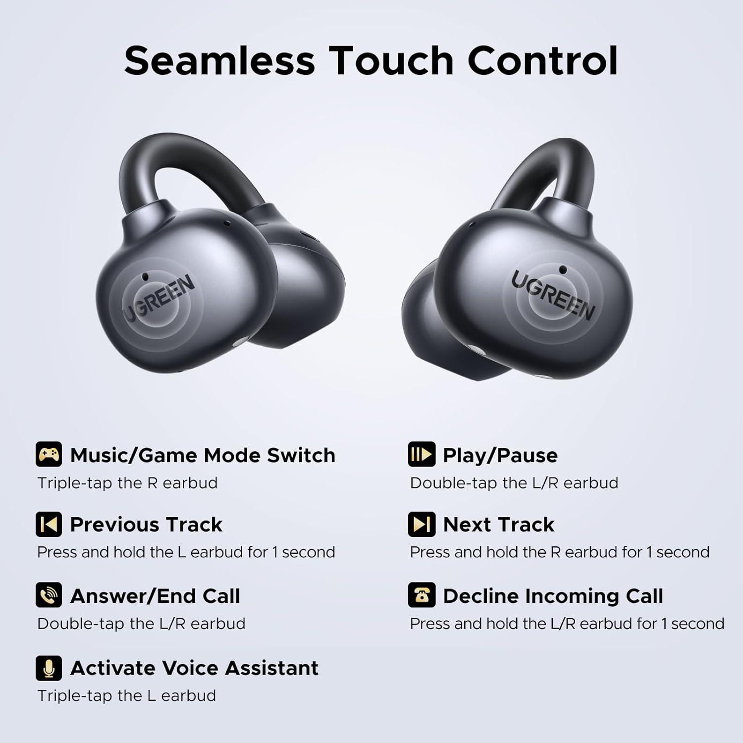 imageUGREEN ClipBuds OpenEar Wireless Headphones Bluetooth 60 with 4 Mic Clear Call 12mm Diaphragm Earbuds Clip on Earphones 30H Playtime AppampTouch Control Lightweight IPX5 for Fitness iOSampAndroid