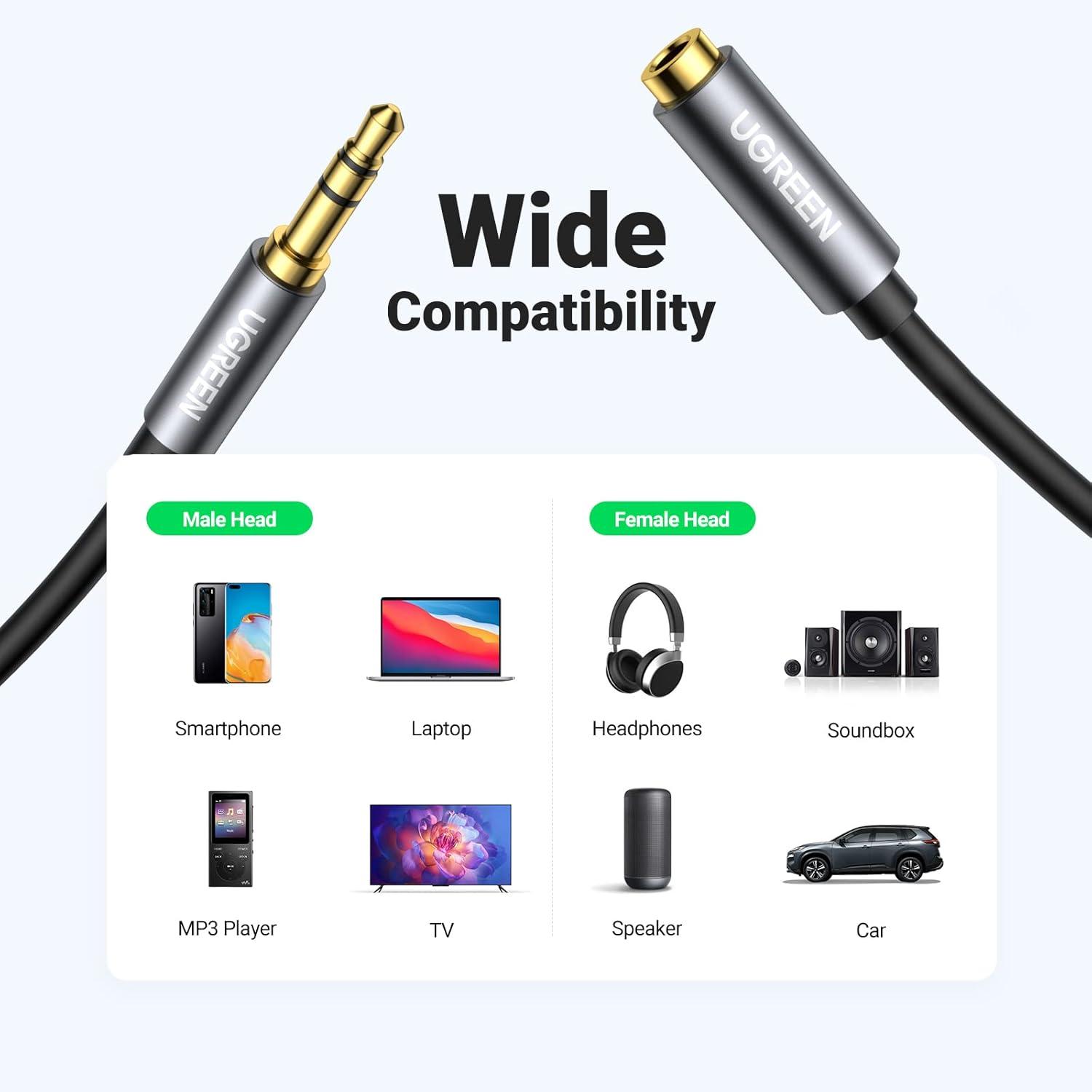 imageUGREEN Headphone Extension Cable 35mm Extension Gold Plated Aux Cable Audio Stereo Jack Male to Female TRS Cord Extender Compatible with iPhone iPad Phones Tablets Media Players 10FT16FT
