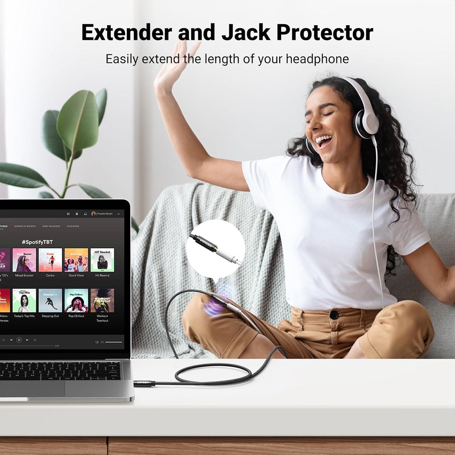 imageUGREEN Headphone Extension Cable 4 Pole TRRS 35mm Extension with Microphone Male to Female Stereo Audio Cable Gold Plated Nylon Braided Compatible with iPhone iPad Smartphones Media Players 15FT33FT