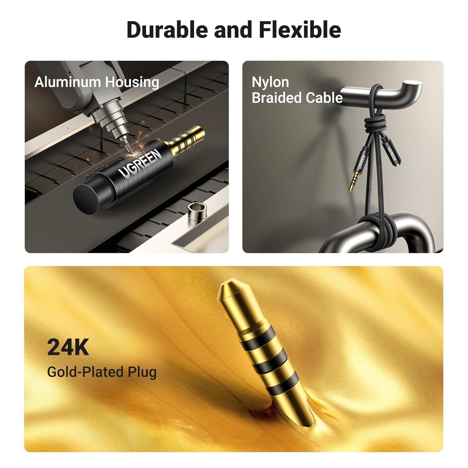 imageUGREEN Headphone Extension Cable 4 Pole TRRS 35mm Extension with Microphone Male to Female Stereo Audio Cable Gold Plated Nylon Braided Compatible with iPhone iPad Smartphones Media Players 15FT33FT