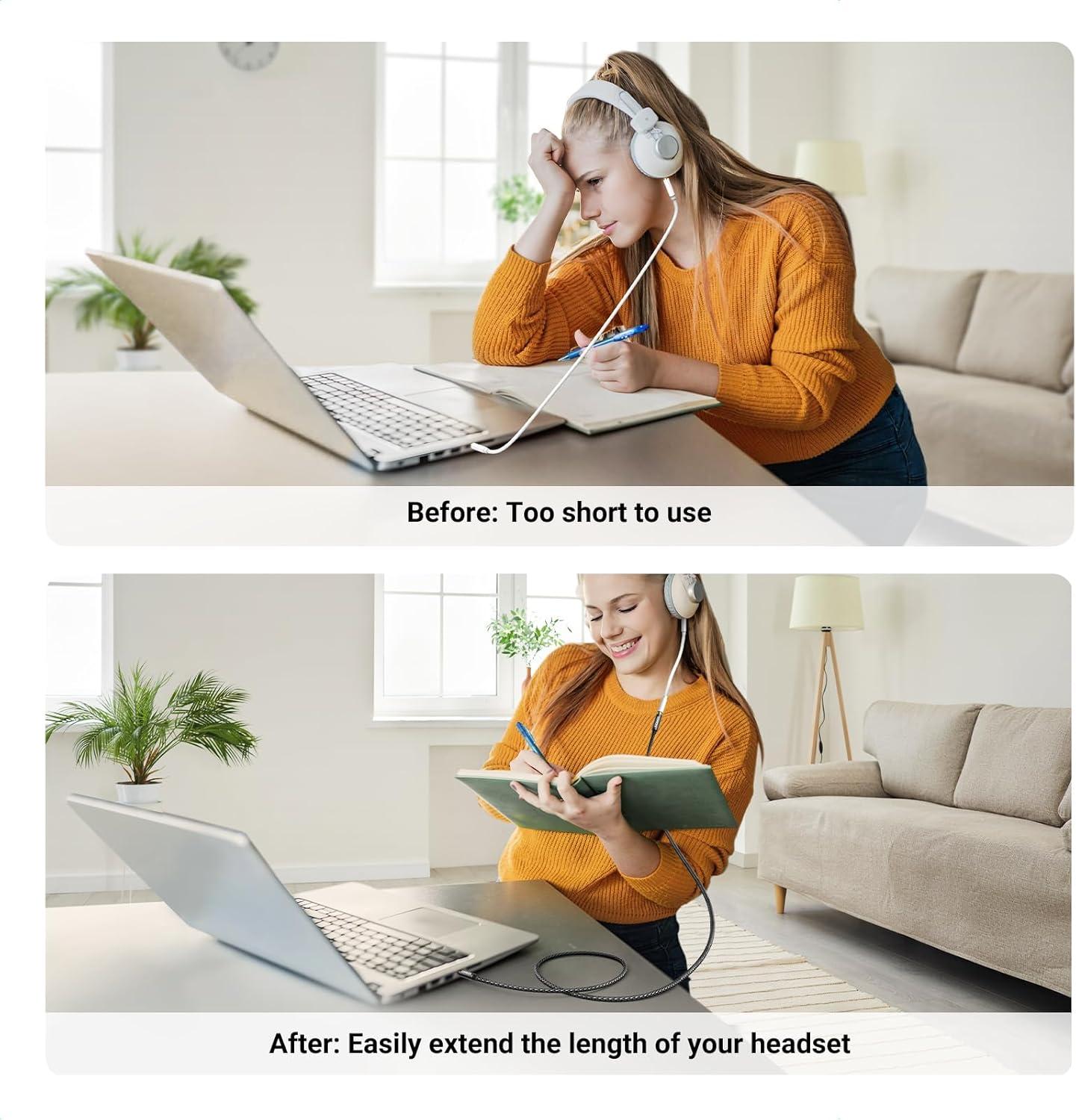 imageUGREEN Headphone Extension Cable 4 Pole TRRS 35mm Extension with Microphone Male to Female Stereo Audio Cable Gold Plated Nylon Braided Compatible with iPhone iPad Smartphones Media Players 15FT33FT