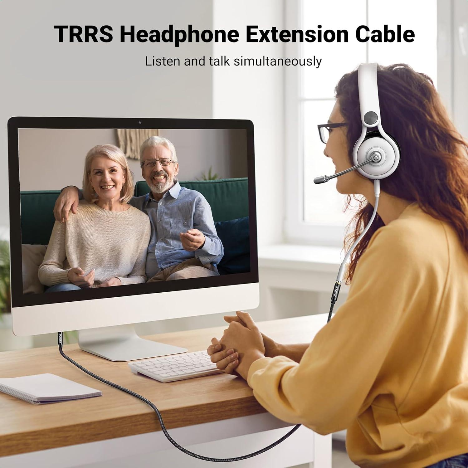 imageUGREEN Headphone Extension Cable 4 Pole TRRS 35mm Extension with Microphone Male to Female Stereo Audio Cable Gold Plated Nylon Braided Compatible with iPhone iPad Smartphones Media Players 15FT15FT