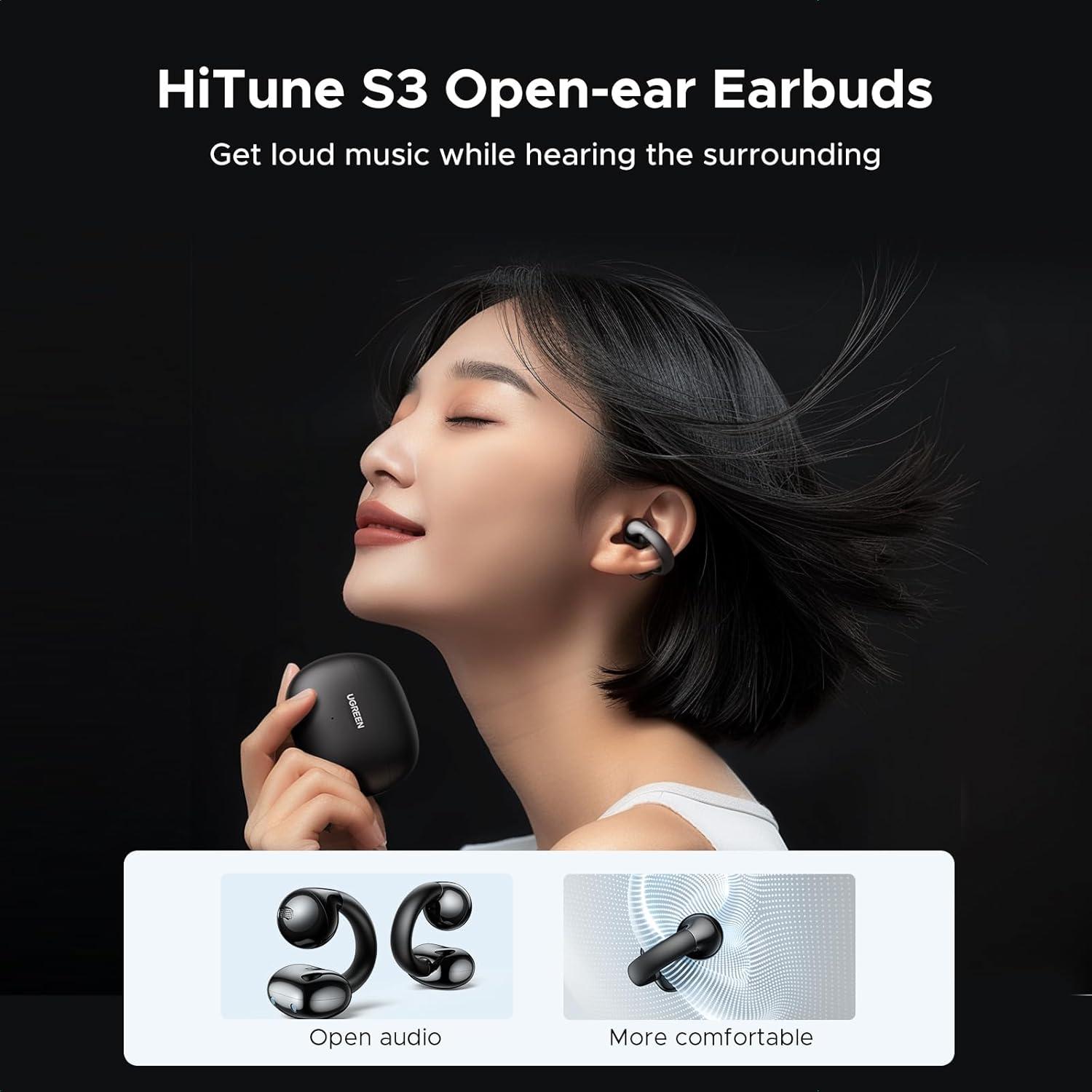 imageUGREEN HiTune S3 Open Ear Earbuds Bluetooth 54 Clip On Wireless Headphones ENC Mic for Clear Calls 30H Playtime IPX5 Waterproof Earphones for Running Workout Cyclists Compatible with iPhone BlackBlack