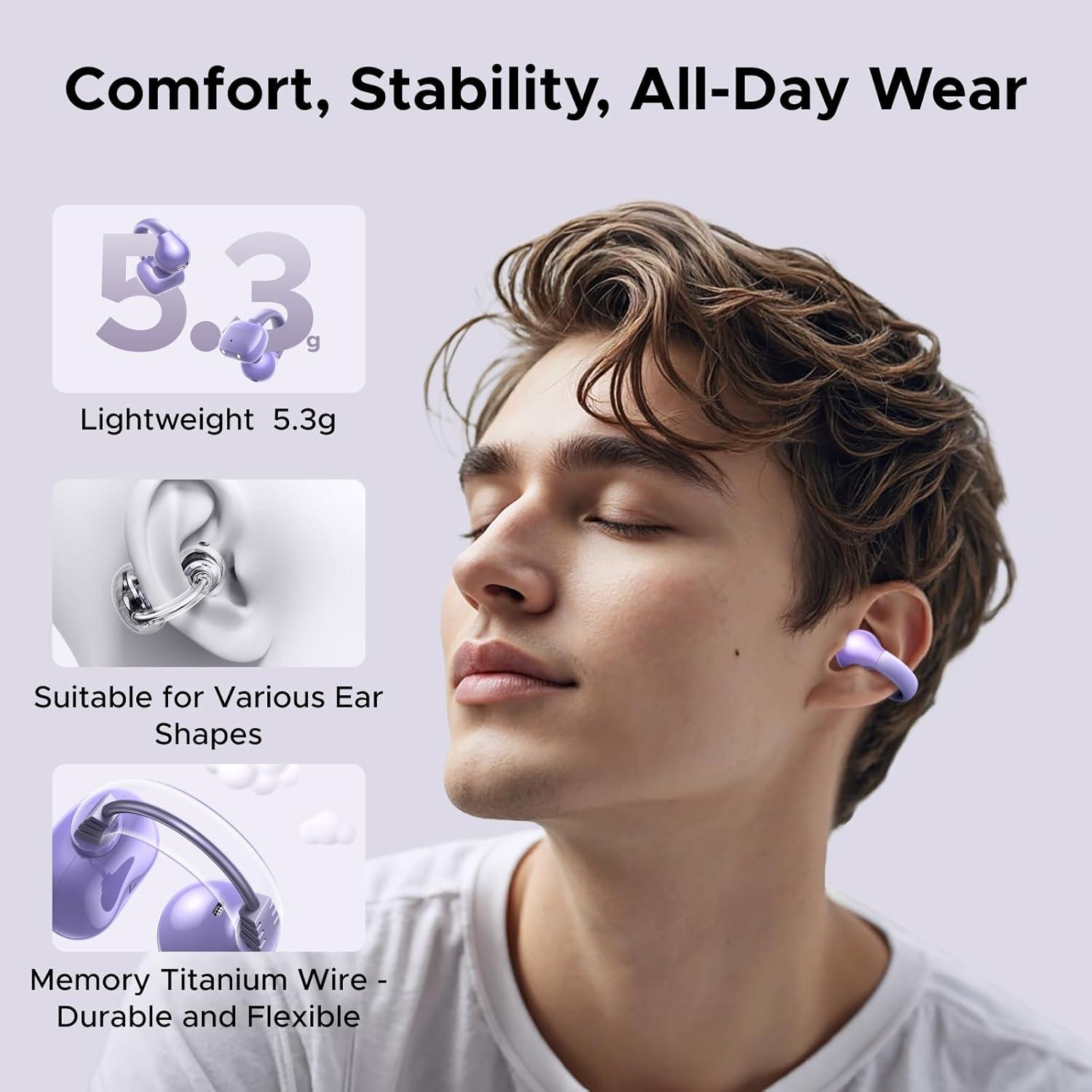 imageUGREEN HiTune S3 Open Ear Earbuds Bluetooth 54 Clip On Wireless Headphones ENC Mic for Clear Calls 30H Playtime IPX5 Waterproof Earphones for Running Workout Cyclists Compatible with iPhone BlackPurple