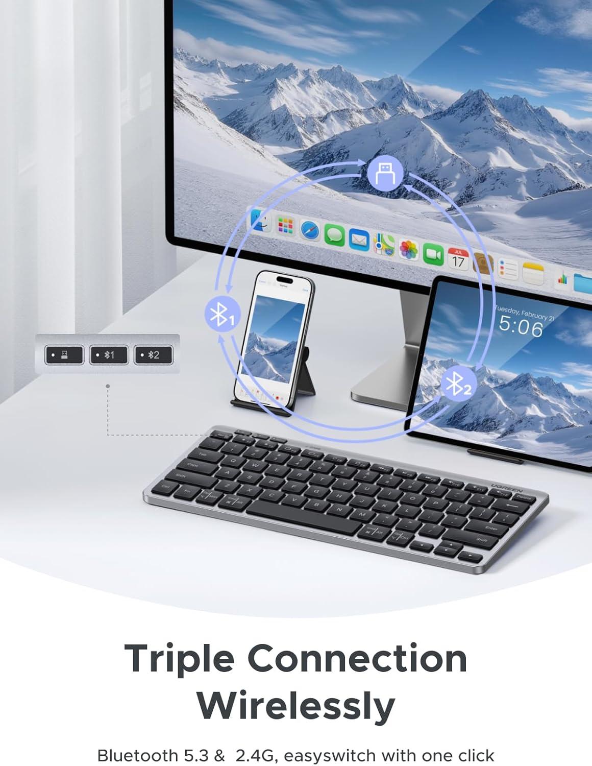 imageUGREEN K551 Slim Quiet Wireless Bluetooth 78Keys Keyboard 3Device Free Switching with Bluetooth amp 24G Compatible with WindowsmacOSiOSAndroid Works with MacBook Lenovo HP