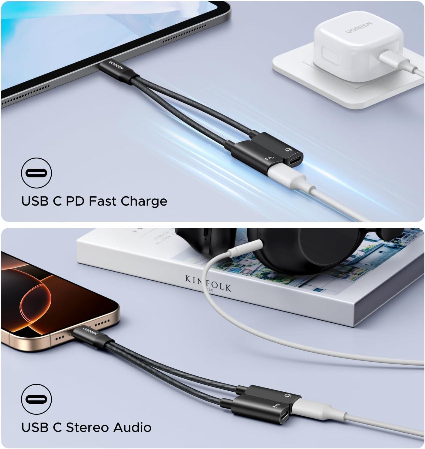 imageUGREEN Magnetic USB C Splitter 1 in 2 Out Dual USB C Headphone and Charger Type C Audio Adapter with PD 60W Fast Charging Dongle Cable for iPhone 17 Pro Max Galaxy S25 Pixel 10 iPad Pro Switch 2
