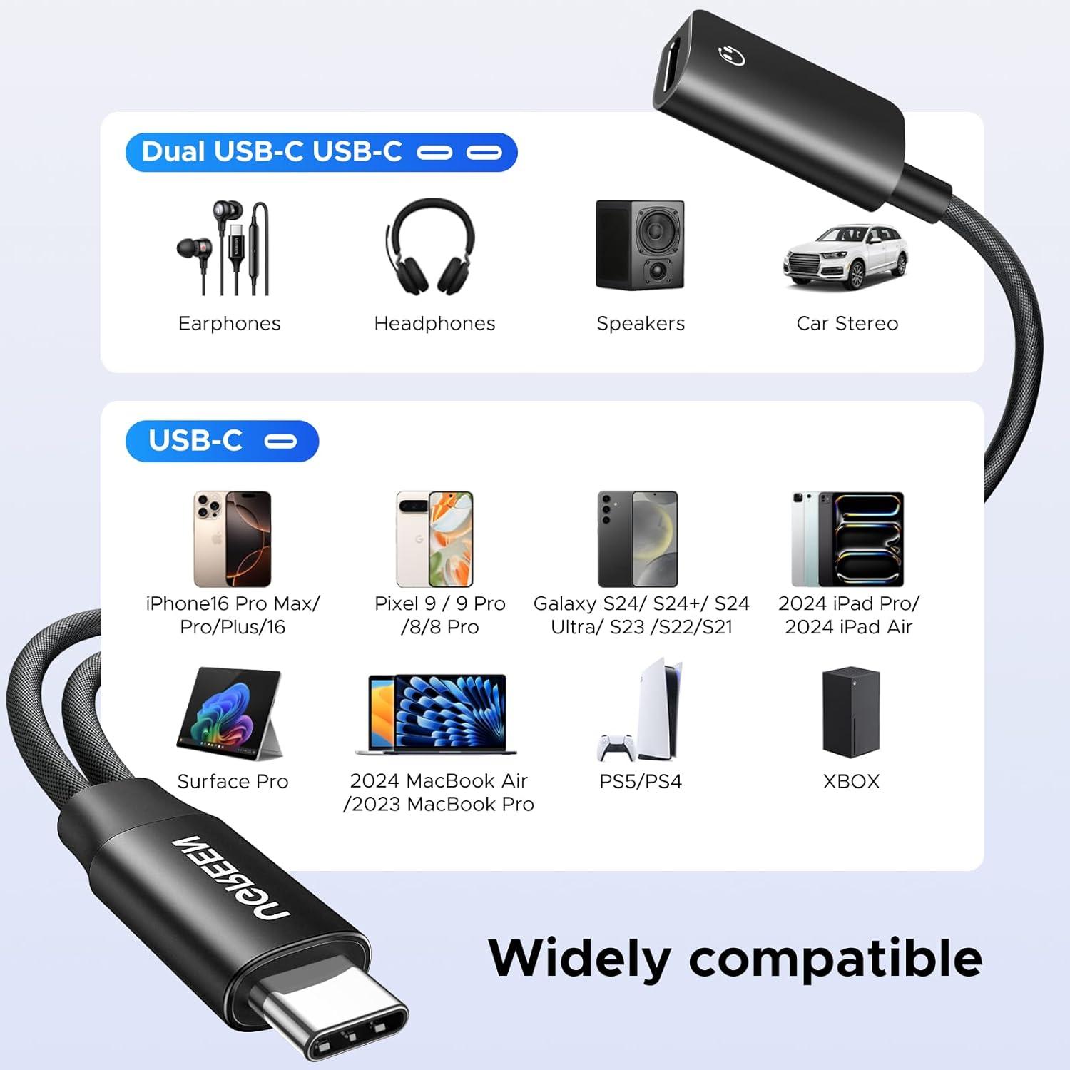 imageUGREEN Magnetic USB C Splitter 1 in 2 Out Dual USB C Headphone and Charger Type C Audio Adapter with PD 60W Fast Charging Dongle Cable for iPhone 17 Pro Max Galaxy S25 Pixel 10 iPad Pro Switch 2