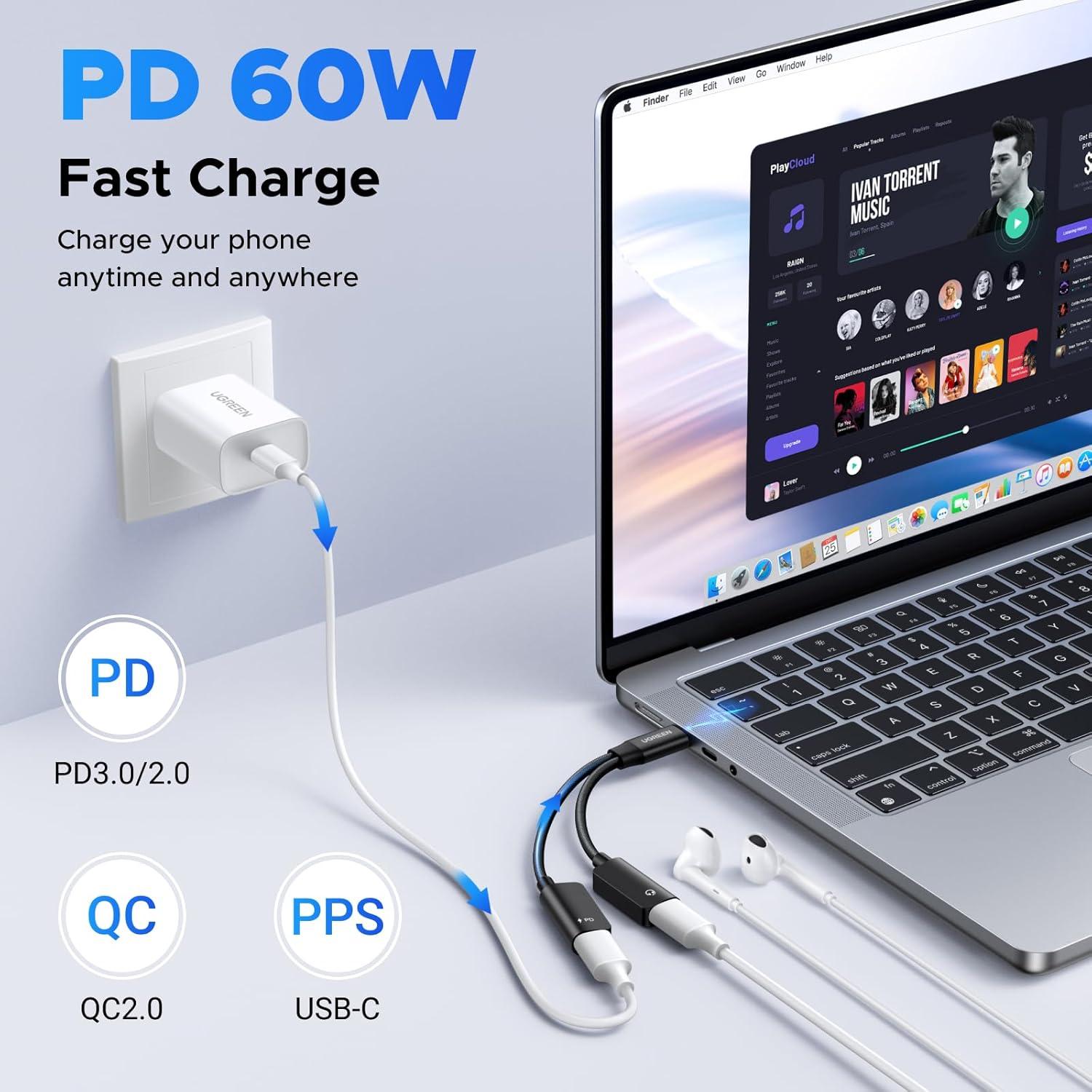 imageUGREEN Magnetic USB C Splitter 1 in 2 Out Dual USB C Headphone and Charger Type C Audio Adapter with PD 60W Fast Charging Dongle Cable for iPhone 17 Pro Max Galaxy S25 Pixel 10 iPad Pro Switch 2