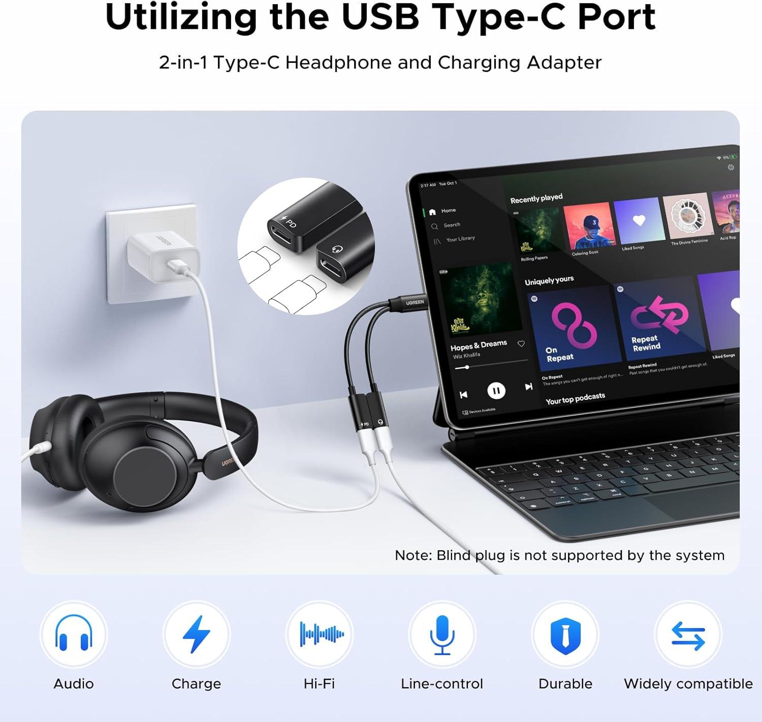 imageUGREEN Magnetic USB C Splitter 1 in 2 Out Dual USB C Headphone and Charger Type C Audio Adapter with PD 60W Fast Charging Dongle Cable for iPhone 17 Pro Max Galaxy S25 Pixel 10 iPad Pro Switch 2