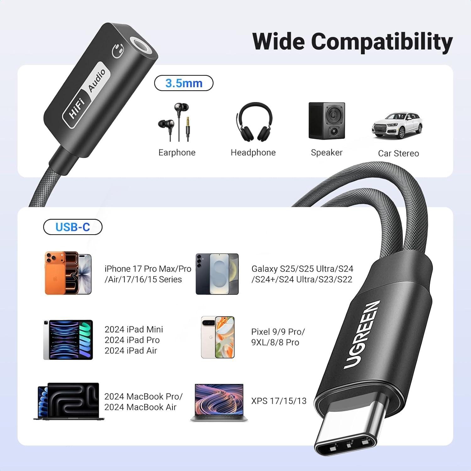 imageUGREEN Magnetic USB C to 35mm Audio Adapter and Charger 2 in 1 HiRes 32bit384kHz Aux to USB C with PD 60W Fast Charging Dongle Cable for iPhone 17 Pro Max Switch 2 Galaxy S25Ultra iPad Pro