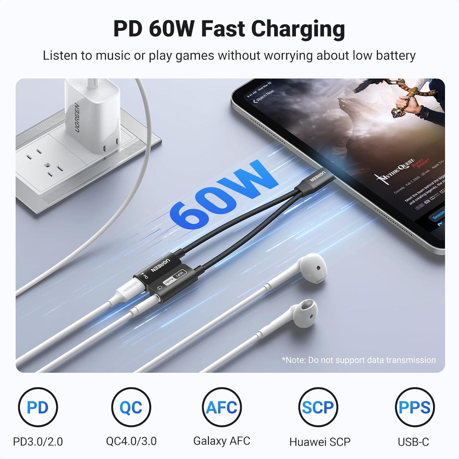imageUGREEN Magnetic USB C to 35mm Audio Adapter and Charger 2 in 1 HiRes 32bit384kHz Aux to USB C with PD 60W Fast Charging Dongle Cable for iPhone 17 Pro Max Switch 2 Galaxy S25Ultra iPad Pro