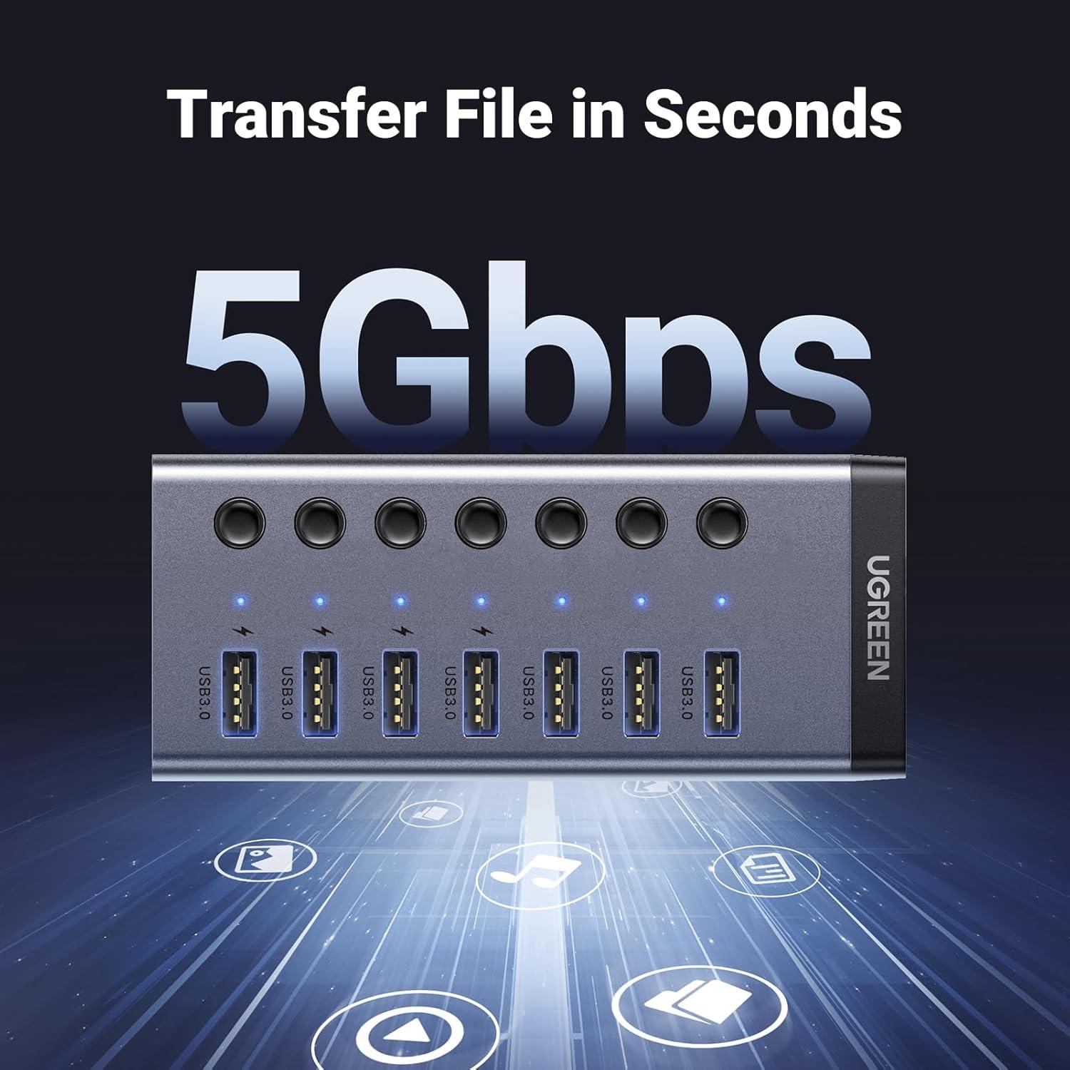 imageUGREEN Powered USB 30 Hub 7Port USB Adapter with 4 Smart Charging Ports USB Splitter with Individual Led OnOff Switches and Power Adapter USB Ports Extender for Laptop PC