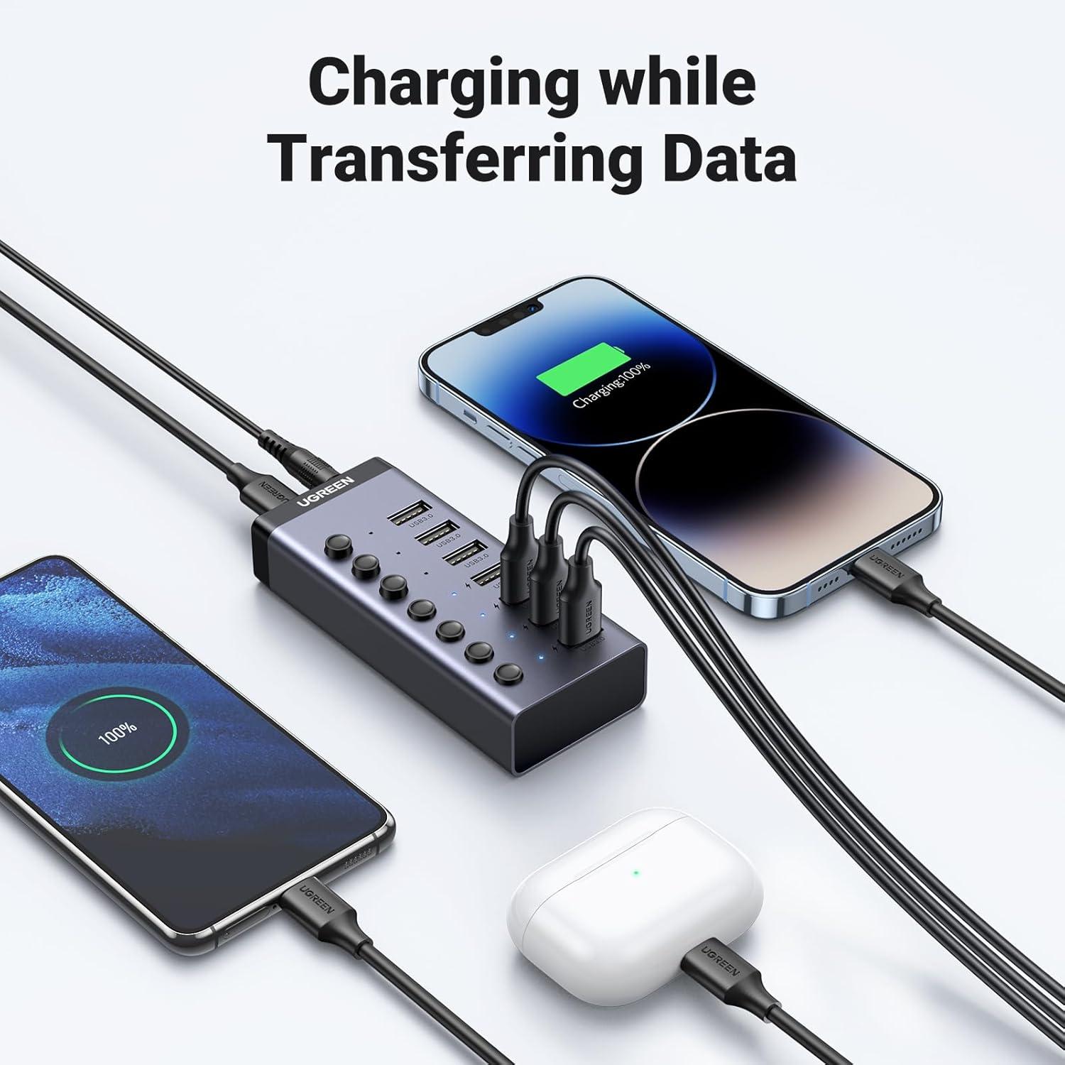 imageUGREEN Powered USB 30 Hub 7Port USB Adapter with 4 Smart Charging Ports USB Splitter with Individual Led OnOff Switches and Power Adapter USB Ports Extender for Laptop PC