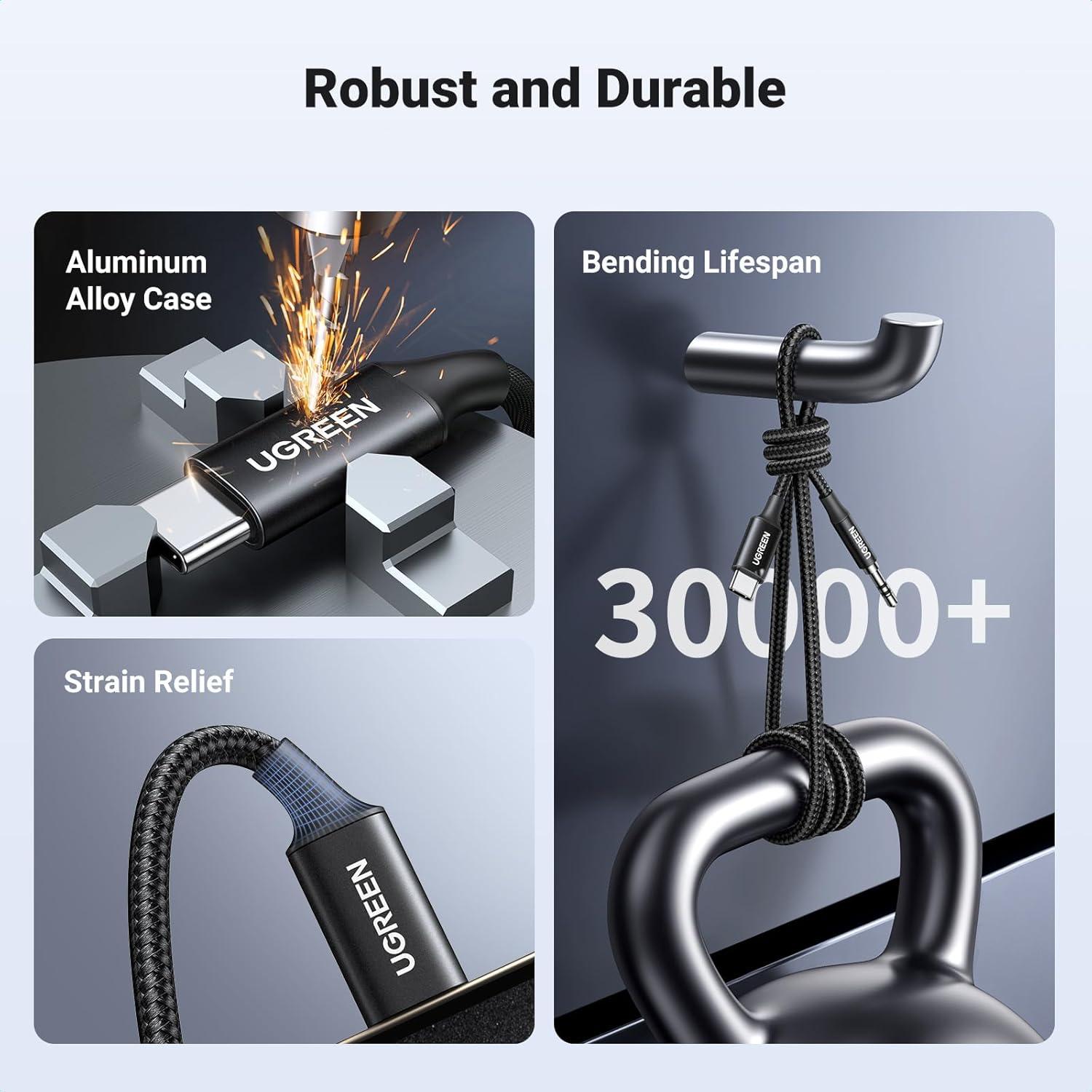 imageUGREEN USB C to Aux Type C to 35mm Audio Adapter HiFi Stereo Cord Headphone Male Car Auxiliary Cable Compatible with iPhone 17 16 15 Pro Max Galaxy S25 S24 Ultra iPad Pixel 10 Grey 33FTBlack