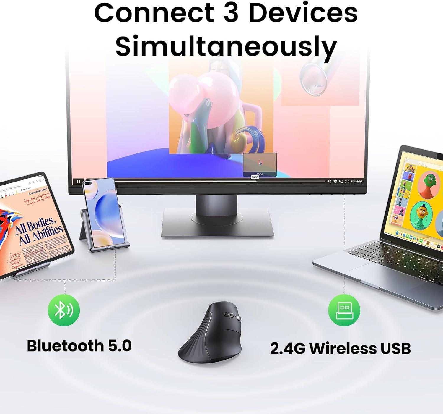 imageUGREEN Vertical Wireless Bluetooth 5024G Ergonomic Mouse with 5 Buttons 1000160020004000 DPI Prevention of Mouse Arm Vertical Mouse Compatible with PCLaptopTablet Black