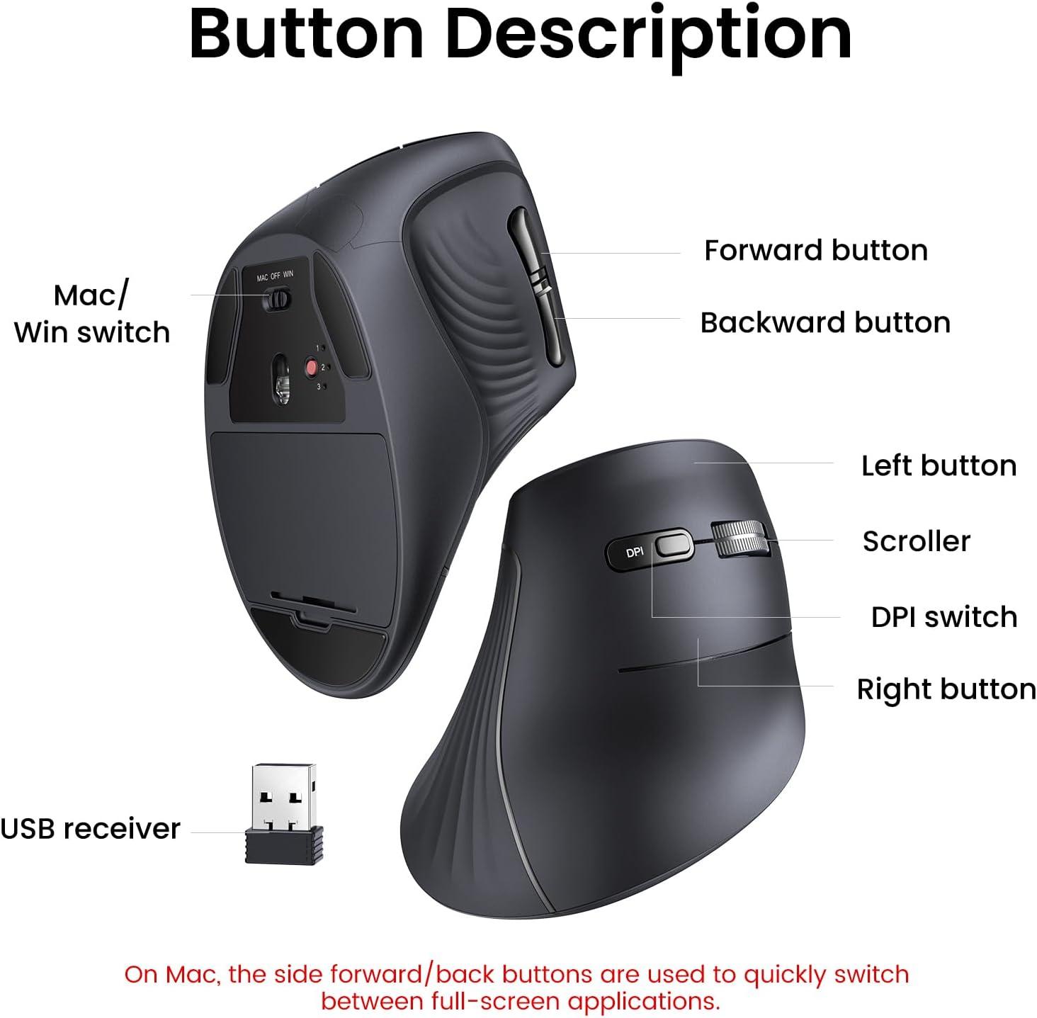 imageUGREEN Vertical Wireless Bluetooth 5024G Ergonomic Mouse with 5 Buttons 1000160020004000 DPI Prevention of Mouse Arm Vertical Mouse Compatible with PCLaptopTablet Black