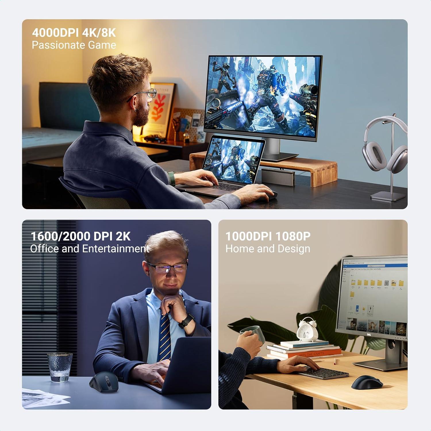 imageUGREEN Wireless Ergonomic Bluetooth 50 Mouse for Laptop 24G Cordless Mouse with USB Receiver 1000160020004000 DPI 5 Buttons Silent Mice for MacBook PC Desktop Chromebook BlackBlue