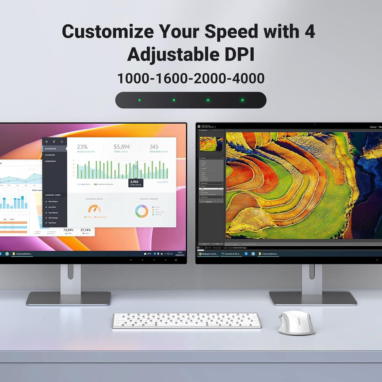 imageUGREEN Wireless Ergonomic Bluetooth 50 Mouse for Laptop 24G Cordless Mouse with USB Receiver 1000160020004000 DPI 5 Buttons Silent Mice for MacBook PC Desktop Chromebook BlackWhite