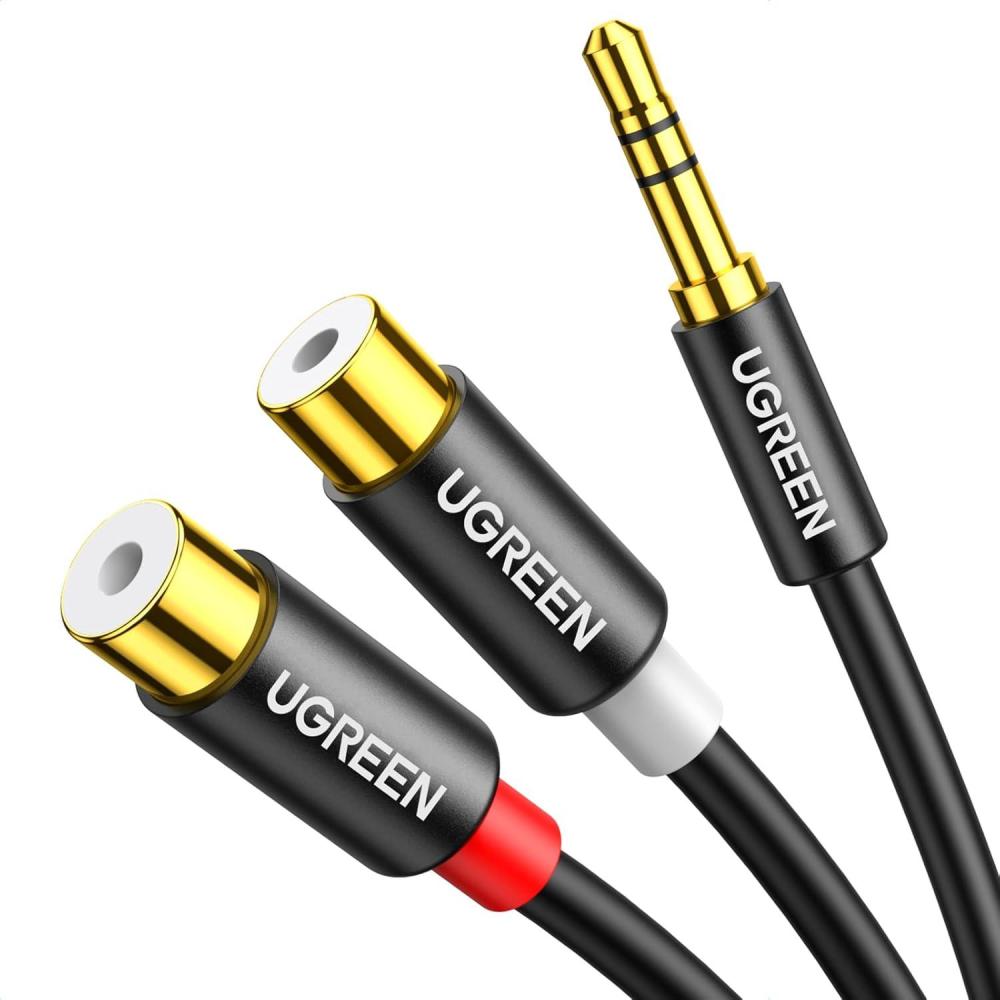 imageUGREEN RCA to Aux Cable 35mm Male to 2RCA Female Adapter HiFi Sound Auxiliary Stereo Audio Cord Gold Plated Y Splitter 18 to RCA Connector for iPhone MP3 Tablet Computer Speaker 08FT